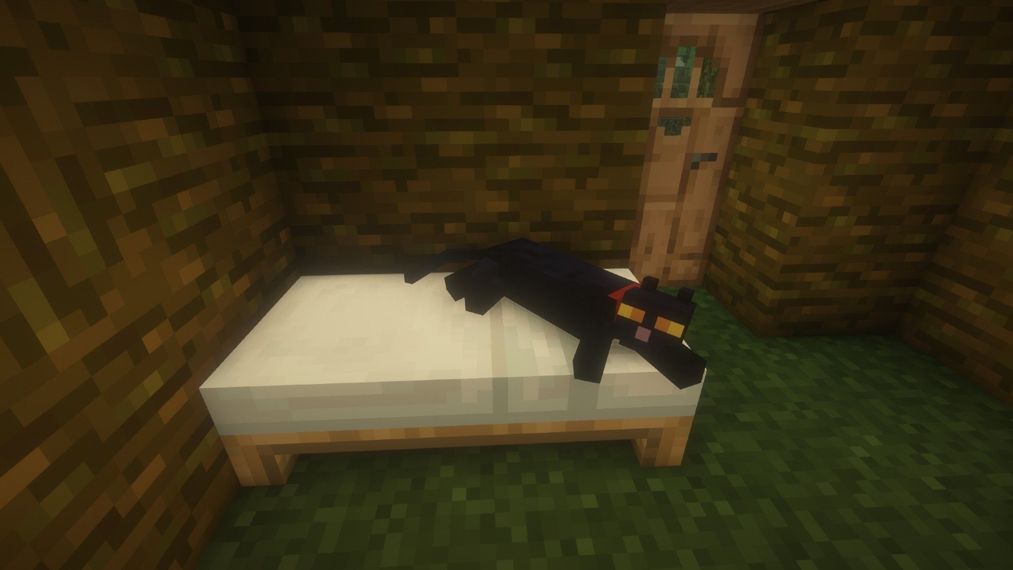 Screenshot aus dem Spiel Minecraft:
Blick auf eine schwarze Katze, die auf einem weißen Bett in einem Holzhaus liegt