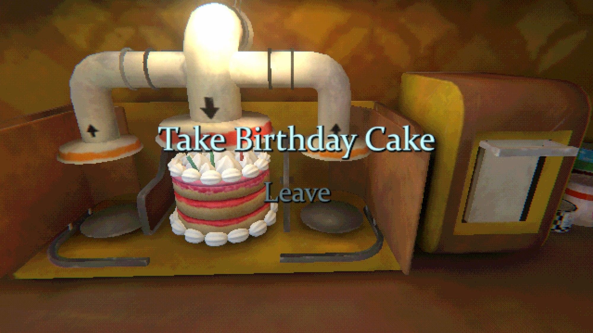 Screenshot aus dem Spiel Mouthwashing:
Blick auf eine Maschine, in der ein Geburstagskuchen steht. Davor steht: "Take Birthday Cake
Leave"