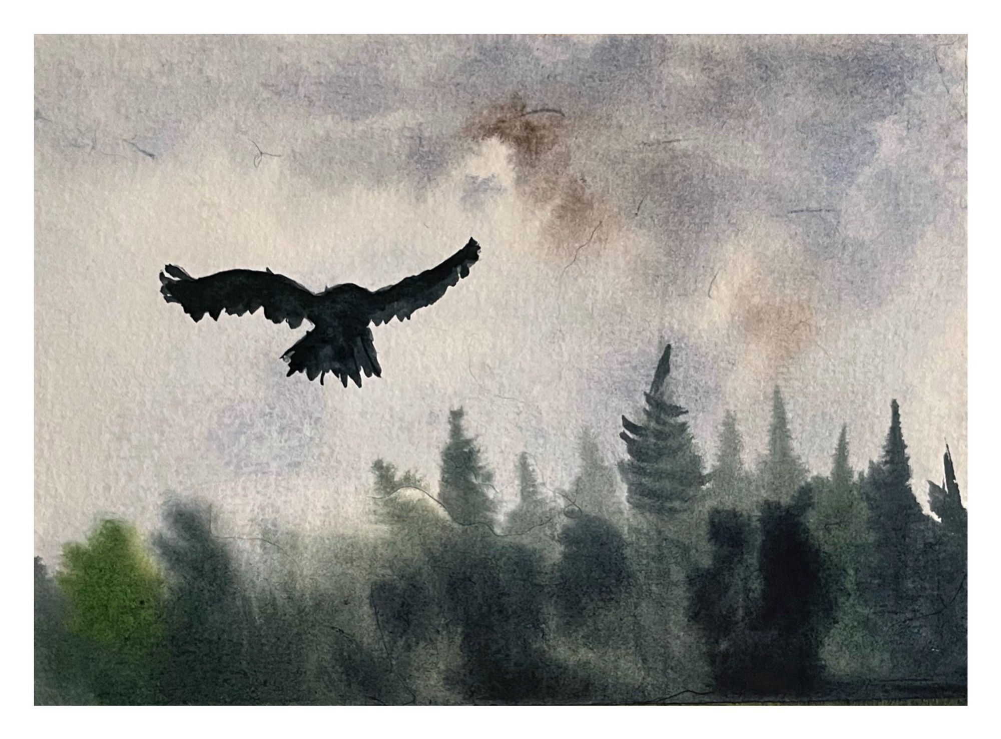 Painting of a raven flying over a misty forest.