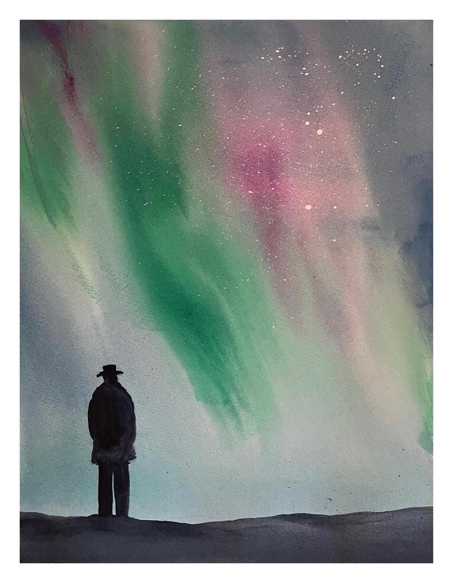 Painting of a silhouetted man looking up at the northern lights.