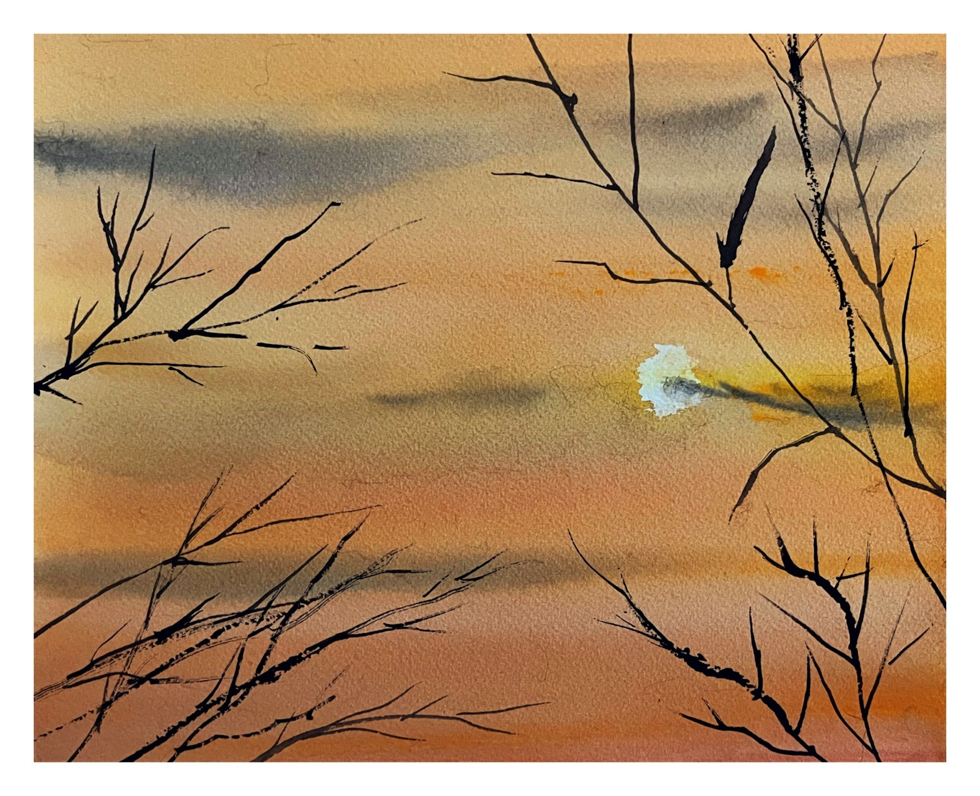 Painting of bare branches silhouetted by sunset.