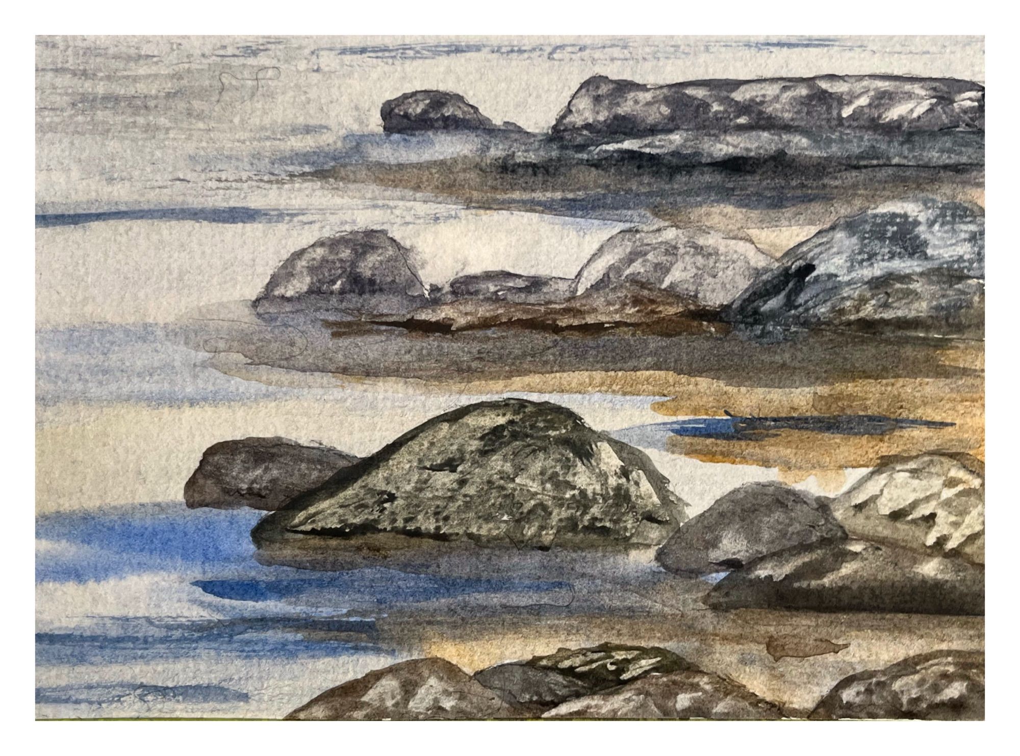 Painting of a rocky shoreline.