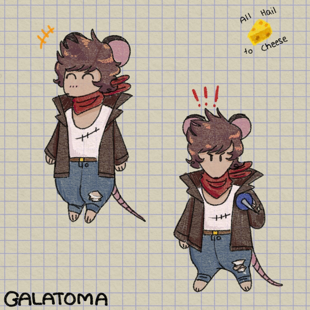 two drawings of tubbo from rats smp. he is a pink tan rat with brown shaggy hair, and he wears a red bandana, a white ripped shirt, a a long brown jacket, and blue jeans. in the upper left he is just standing on his hind legs looking happy. on the bottom right he is drawn in a hostile stance as he points a pin needle sword at the viewer with 3 red exclamation points above his head, there is also a crayon doodle of cheese in the corner that just says "all hail the cheese"