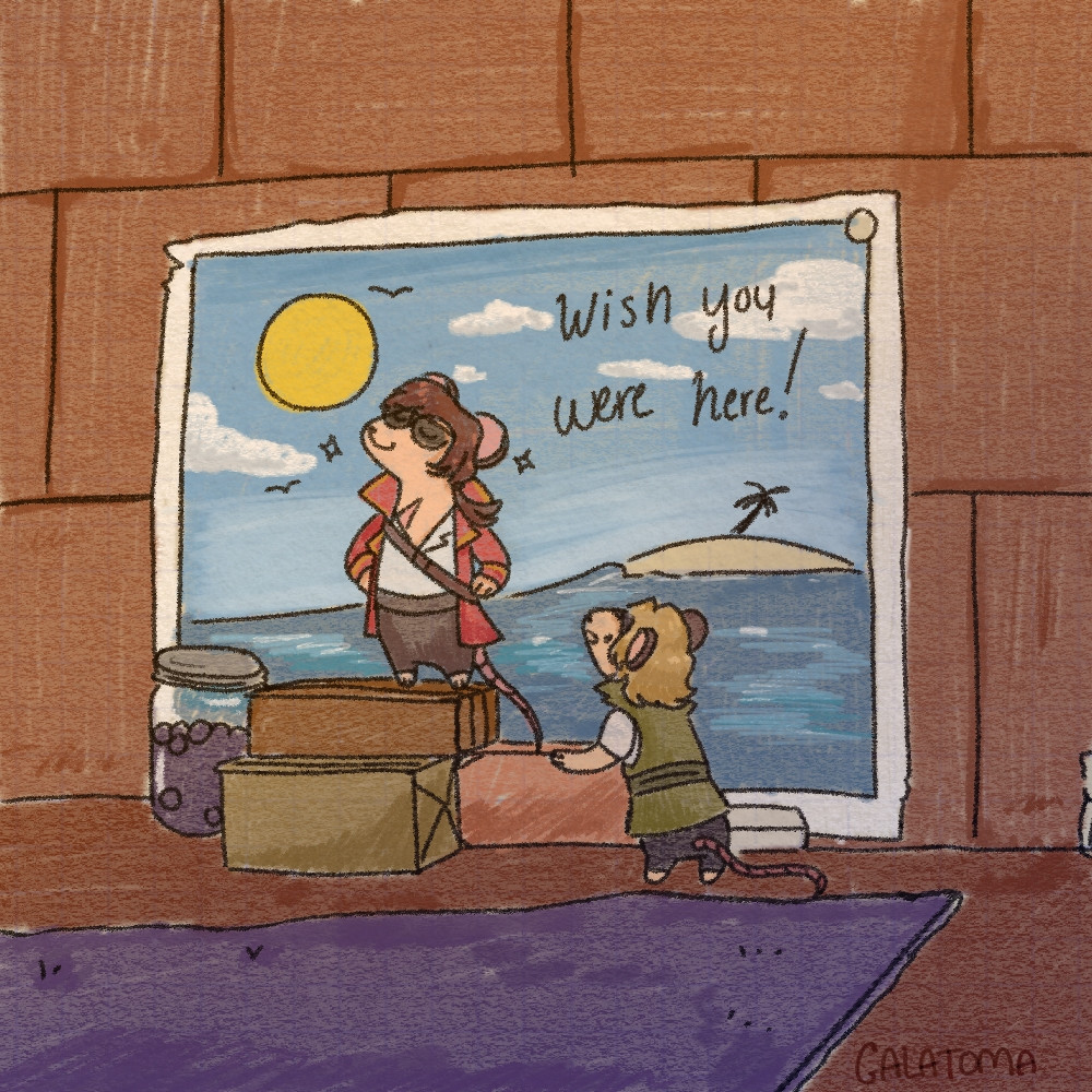 a drawing of rat rendog and rat martyn standing in front of a tropic themed postcard pinned to the wall.