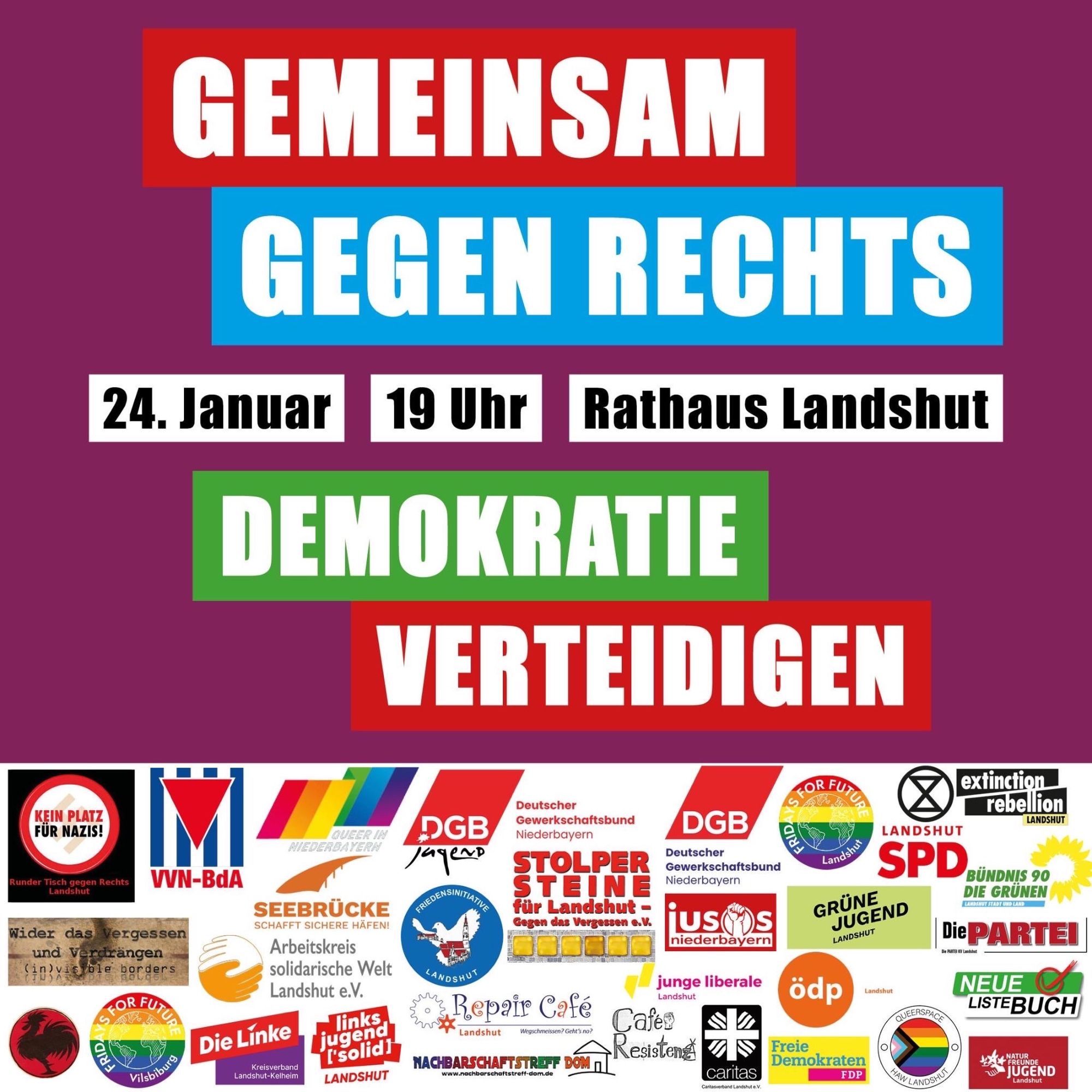 Demonstration in Landshut am 24.01 um 19:00 Uhr „Gemeinsam gegen Rechts! Demokratie verteidigen“ vor dem Rathaus