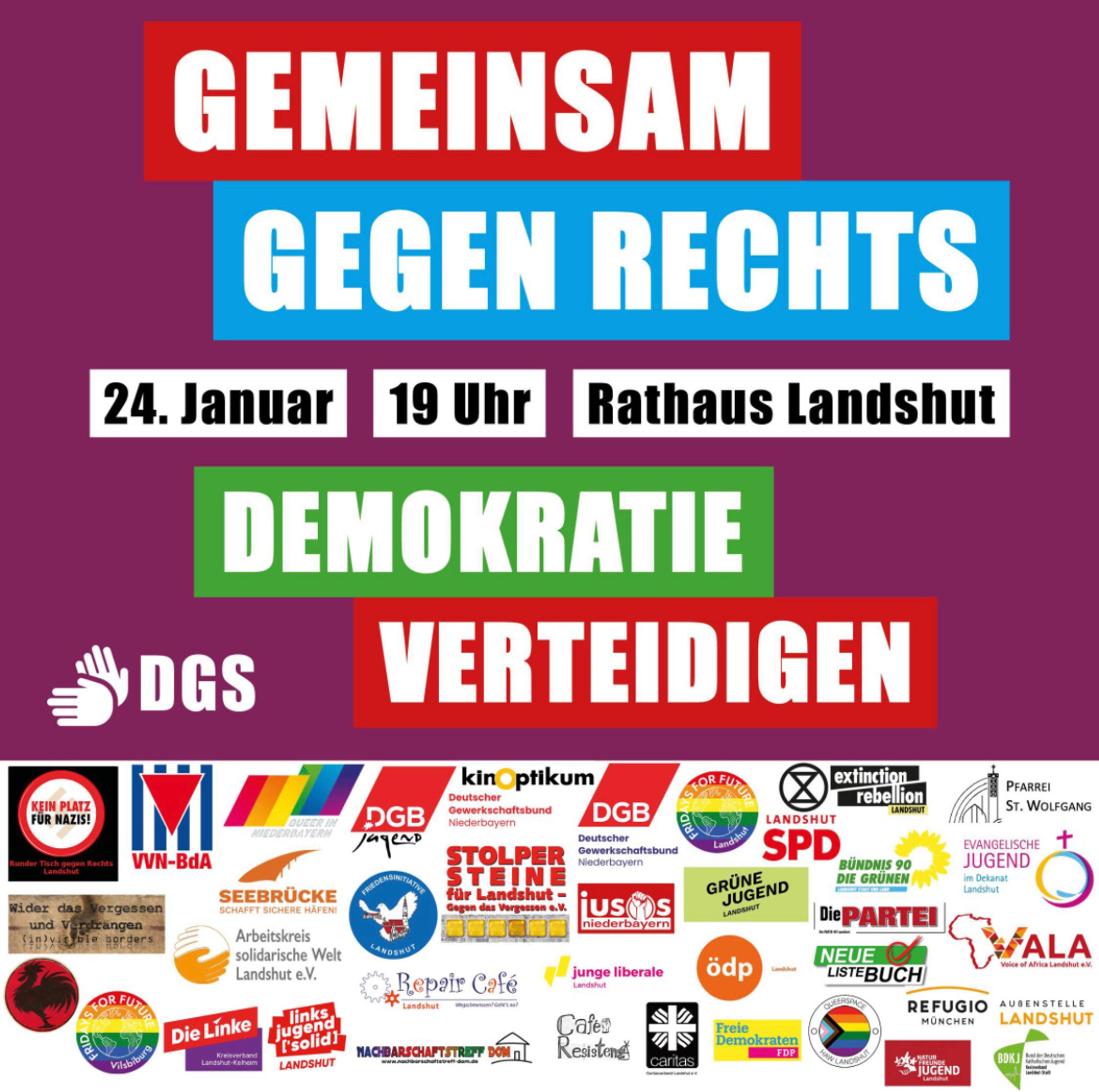 Gemeinsam gegen Rechts - Demokratie verteidigen! Demonstration am 24.01.24 um 19:00 vor dem Rathaus in Landshut