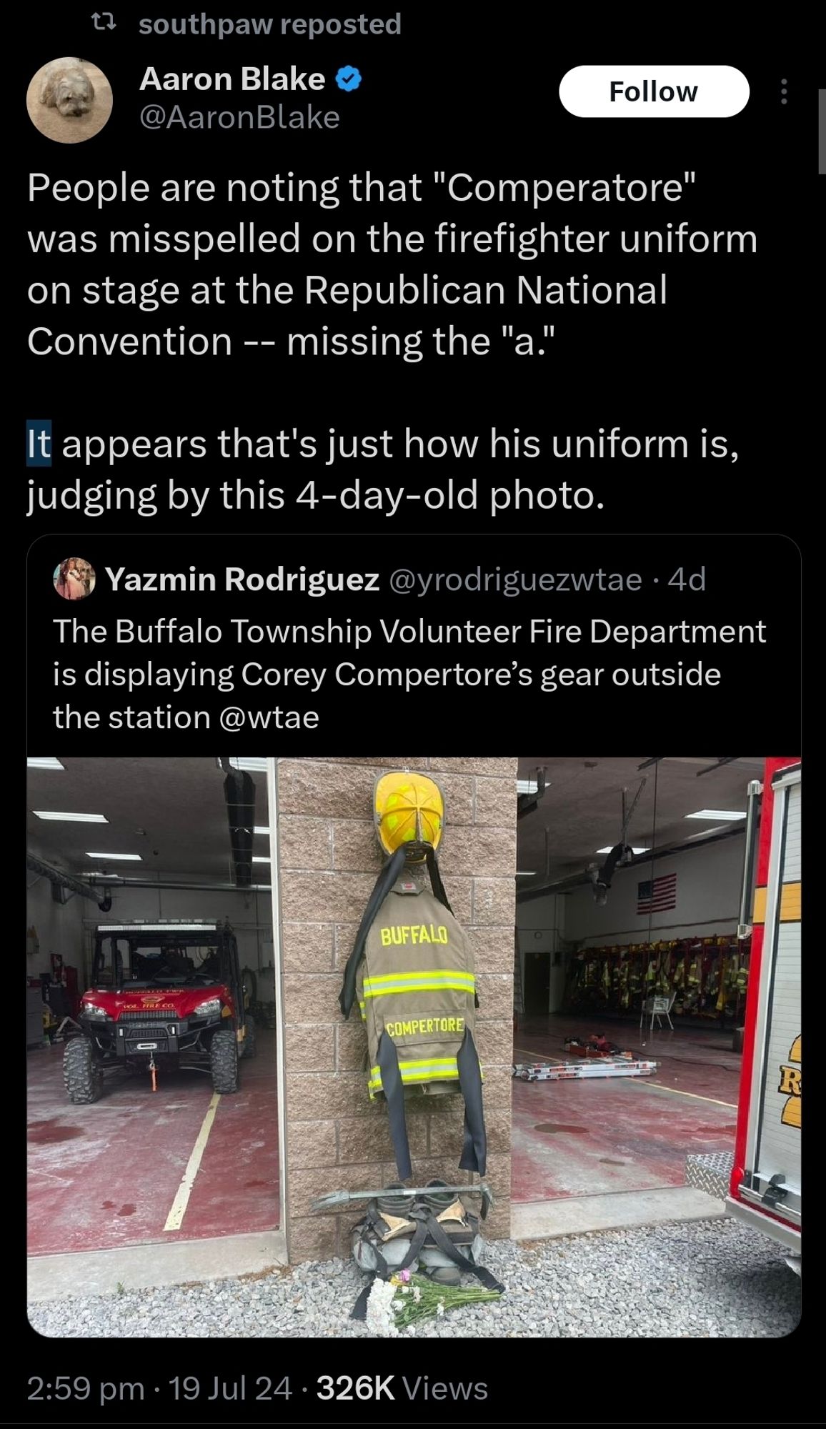 Tweets with photos indicating the misspelling of "Comperatore" on his actual jacket was made by the fire department.