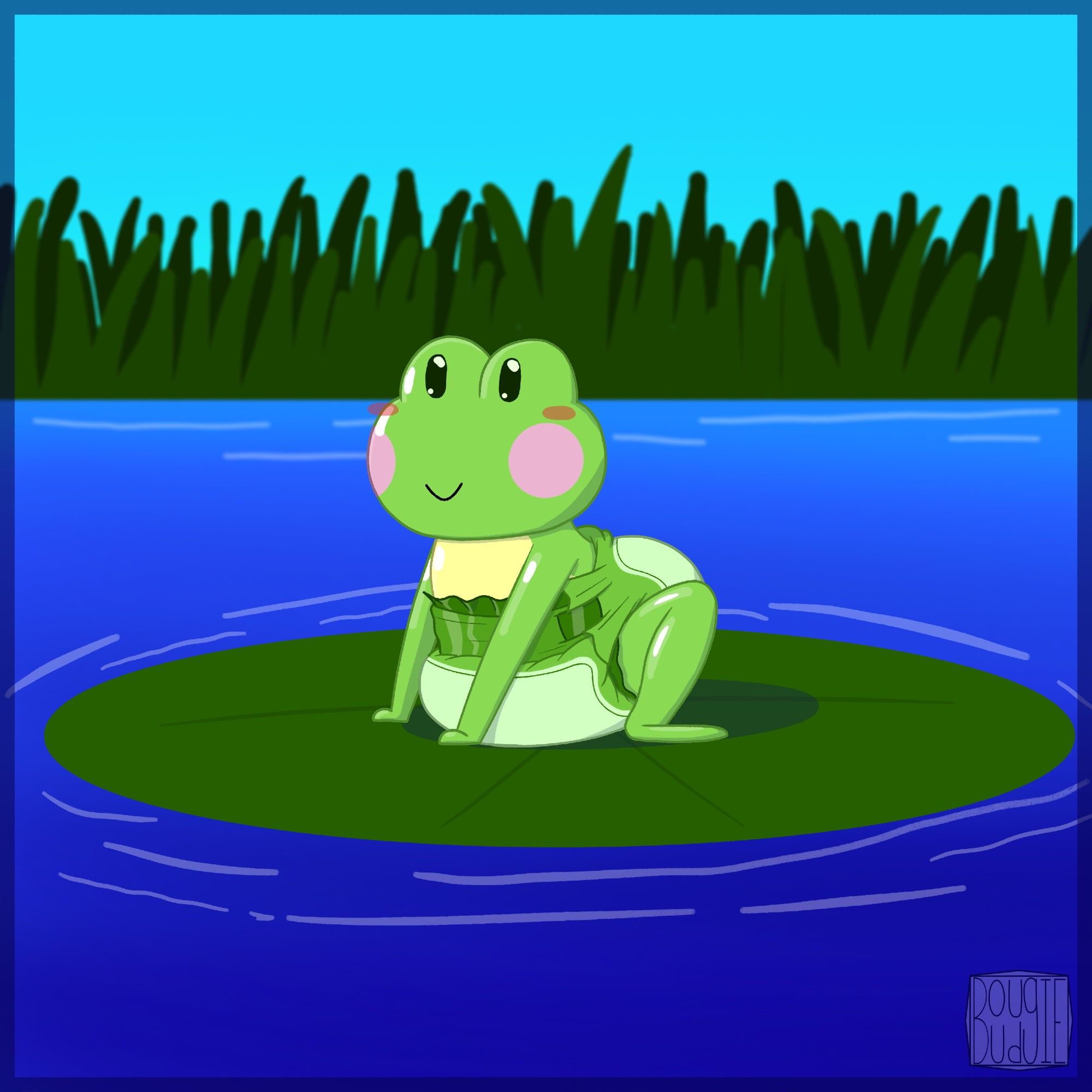 A frog wearing a green diaper, happily sitting on a lily pad in the middle of a grassy pond.