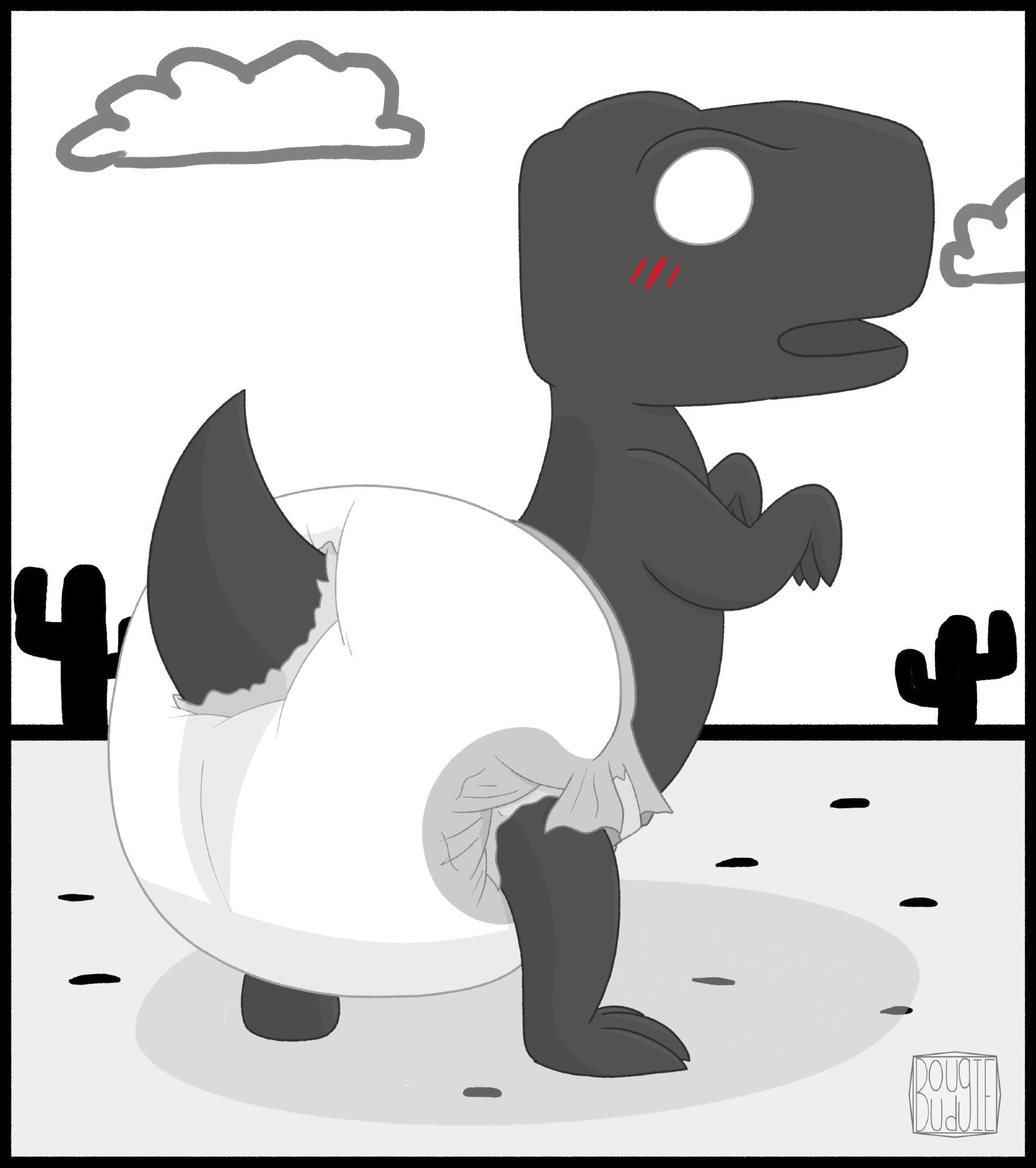 The google no-internet T-rex wearing a poofy white diaper with light-grey trimmings, he's standing away from us. He's blushing with a deadpan baffled look.

He's standing in a white and black desert only populated with a few cacti and a couple of clouds.