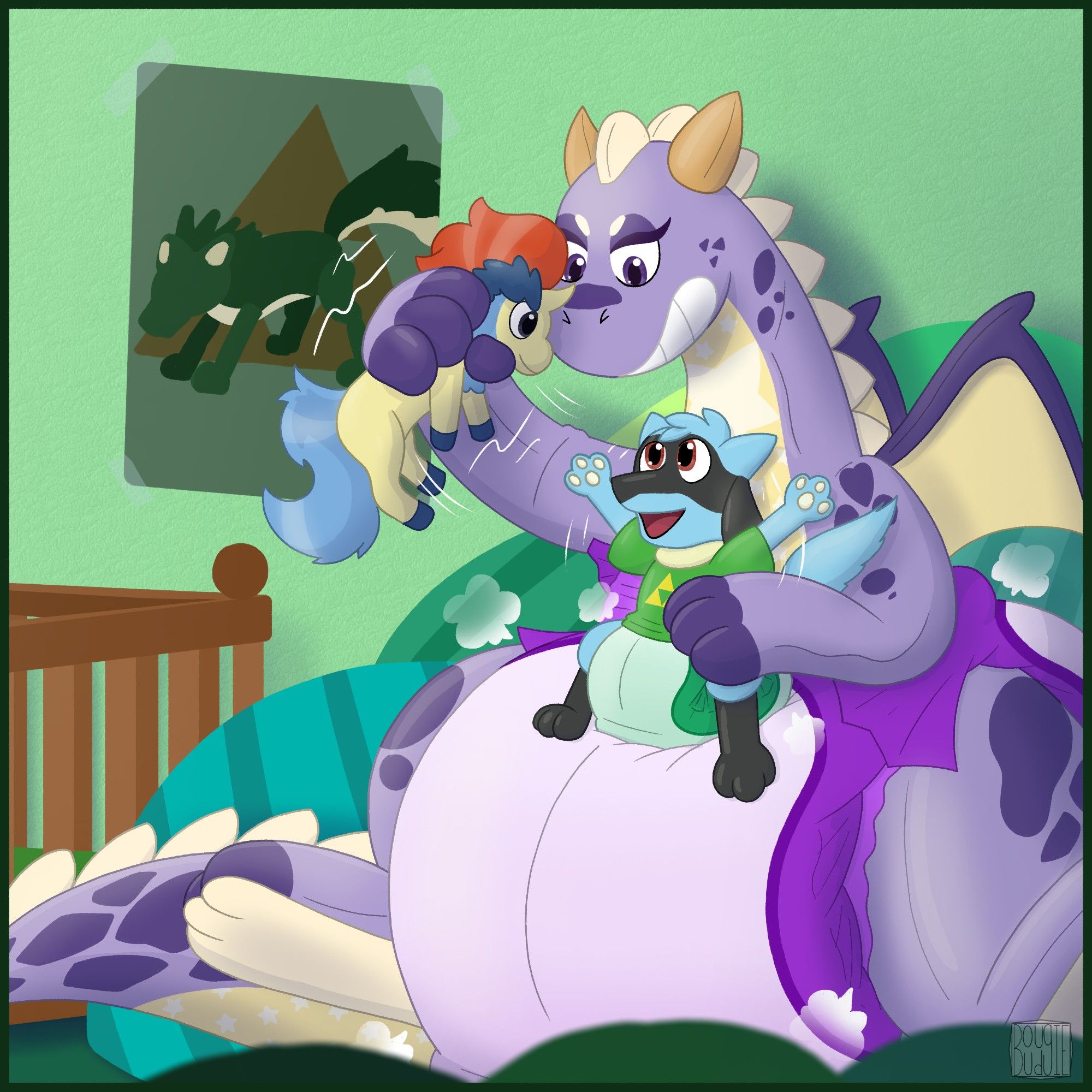 In a green nursery, filled with pillows, a poster of wolf Link on the wall and a crib. 
There sits a giant light-purple plush dragon, who has off white-yellow-tan back/tail spines and underbelly, a couple of purple spot dotted on him. He's wearing poofy purple diaper. The dragon is sitting on the pillow pile in the nursery as he holds up and shaking a Keldeo push, to play with a Riolu who's sitting on his lap. He's somewhat holding on the the Riolu so he dosn't fall off.

The Riolu is wearing a green t-shirt with the tri-force on it and a poofy green diaper. He's sitting on the plush dragon's lap, excitedly and playfully waves his arms in the air, as he looks up at the Keldeo push.