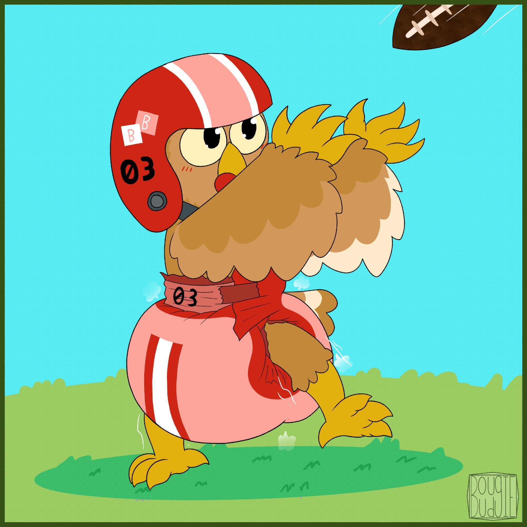 An anthro light tan-brown owl. Who's wearing a red football helmet,  with a light-red stripe down the middle and two blocks with "B" printed on them as his team's symbol and the number 03 under it. He's also wearing a matching poofy diaper with similar colors, white wetness indicator and 03 printed on the landing strip.  

The owl is waddling down the football field as he has his arms out, trying to catch the football.