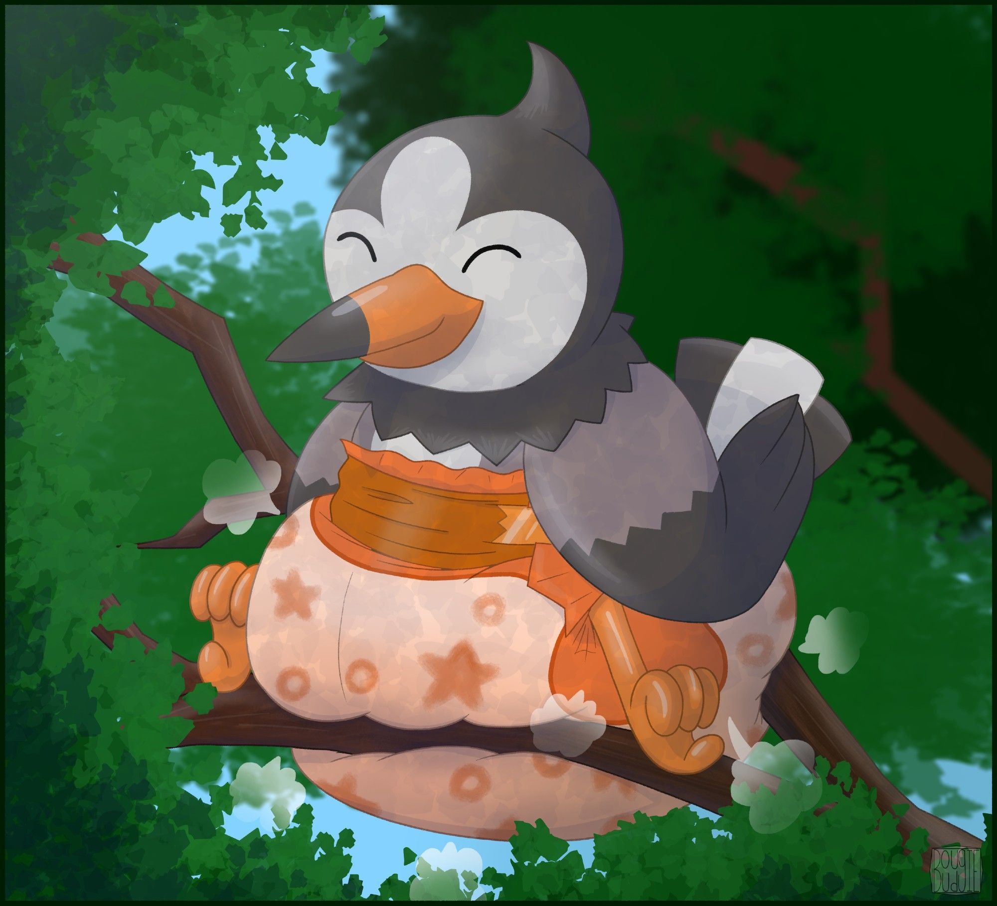 Starly (from pokemon), wearing a poofy orange diaper with circles and stars printed on it. He's happily sitting amongst the tree branches. He's sitting in a way that his diaper is snugly wedged in-between a couple of branches.