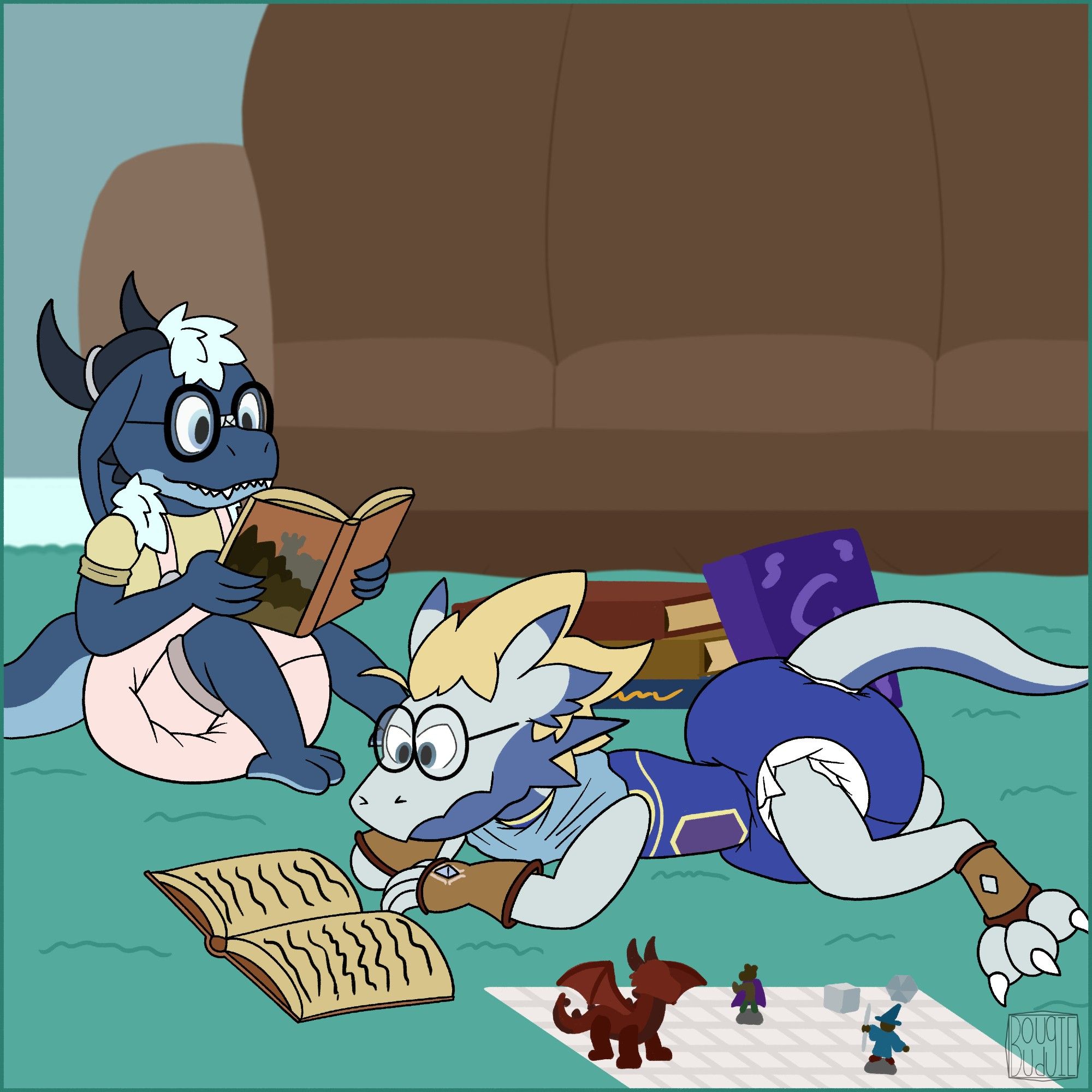 A couple of nerds (specifically, a blue kobold with off-white blue hair, black curved back horns and a light off-white blue lizard, with blond hair, blue underbelly, jaw, and horn tips) sitting/lying on the teal carpet of a living room, thoroughly  reading table top guide books, preparing for game night. 

The kobold is wearing a pair of thick-rimed glasses, a tan shirt, pink short-alls, braces, and a poofy diaper.

The  lizard is wearing a pair of thick-rimmed glasses, a light blue scarf, a tight blue, sleeveless and legless onesie, a poofy white diaper, brown fingerless gloves and brown ankle braces.