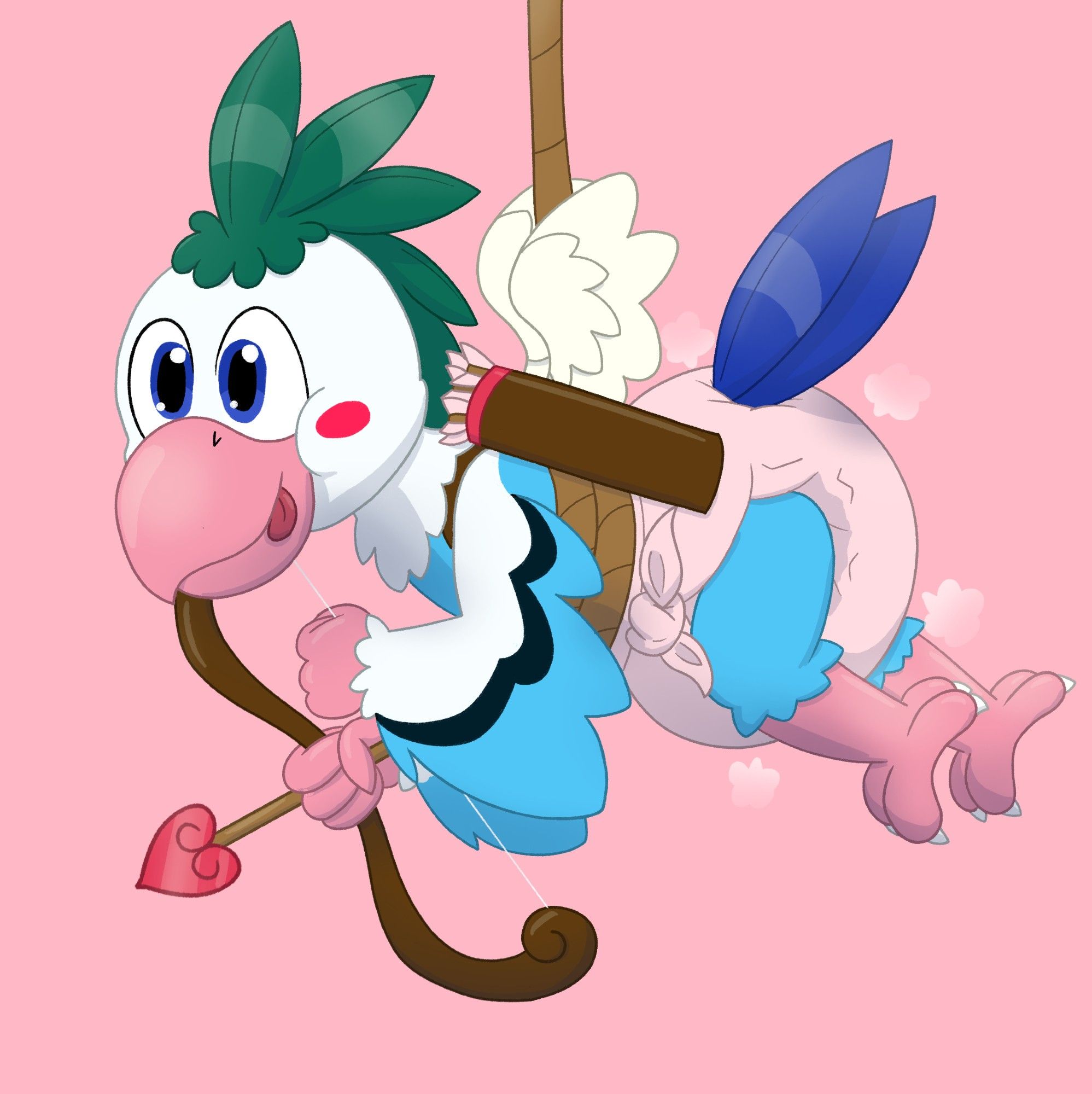 Bougie, dressed up as a cupid with fake angle wings, quiver, bow and heart tipped arrows and a light pink cloth diaper. is hanging from a rope tied around his waist. He's got a silly look on his face with his tongue hanging out the side of his beak. He's holding the bow and an arrow but it's not ready to fire.