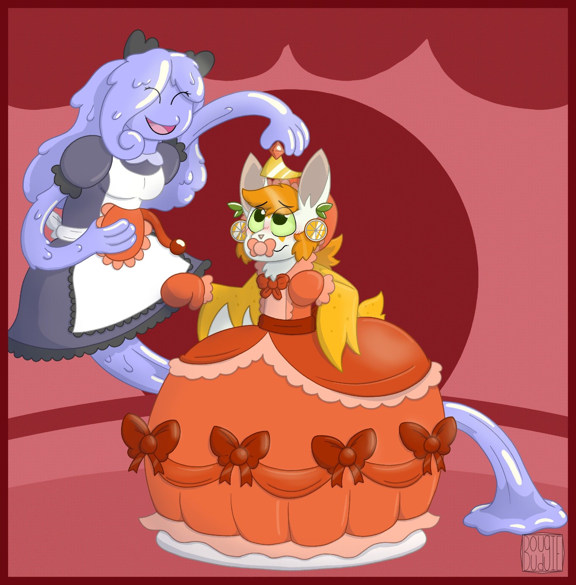 A light purple slime-girl dressed in a black maid dress with white robe. She's got a bib in one had and a tiara in the other as she excitedly stretches up high so she can place a crown on...

An anthro female orange (the fruit) themed fruit bat with orage hair and fur, white face, ears and fluffy chest.
The bat is wearing a large, overly elaborate, frilly red-orange ballgown that's covered in bows. She's also wearing a par of matching frilly mittens, frilly baby bonnet and a pacifier (with an over-sized diaper underneath.
The bat is stuck in place due to the dress and diaper, so all she can to is express embarrassment and concern at her new dress and the slime-girl's unending clothing of her.