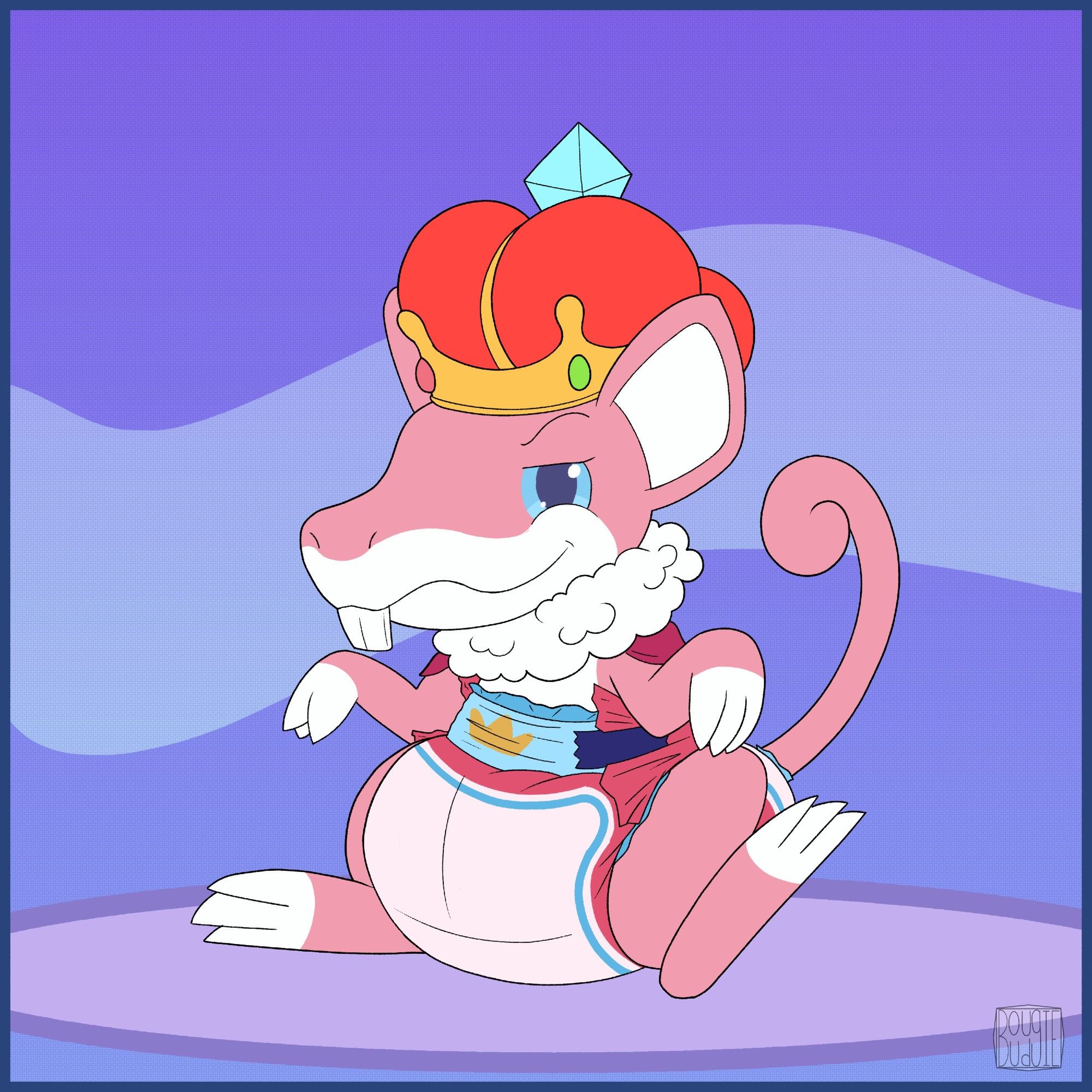 A pink rattata with white underbelly wearing a red crown with a light blue gem on top, a pink-velvet cape with a fluffy white collar and a poofy pink diaper with a crown printed on the landing strip.
He's sitting upwards on his hinny giving you a smug smile.