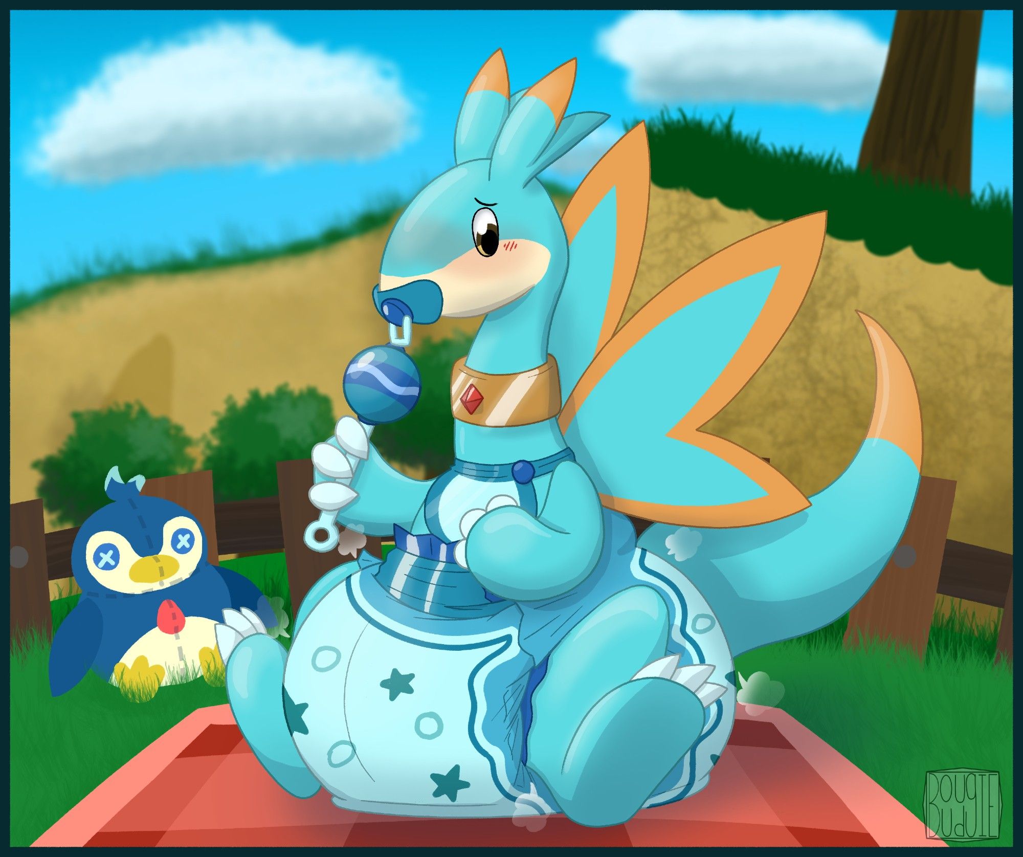 Elphidran (from Palworld), wearing a poofy blue diaper with stars printed on it, a blue bib, a blue pacifier and holding a blue baby rattle.

Elphidran is sitting down on his butt, looking down at himself with a meek, shy embarrassment.

Elphidran is in a grassy field with a couple of tress in the back surrounded by cliffs towering over it. The Pal is surrounded by a makeshift wooden fence, inside it there's a red plad blanket spread out flat, and a Pengullet plush.