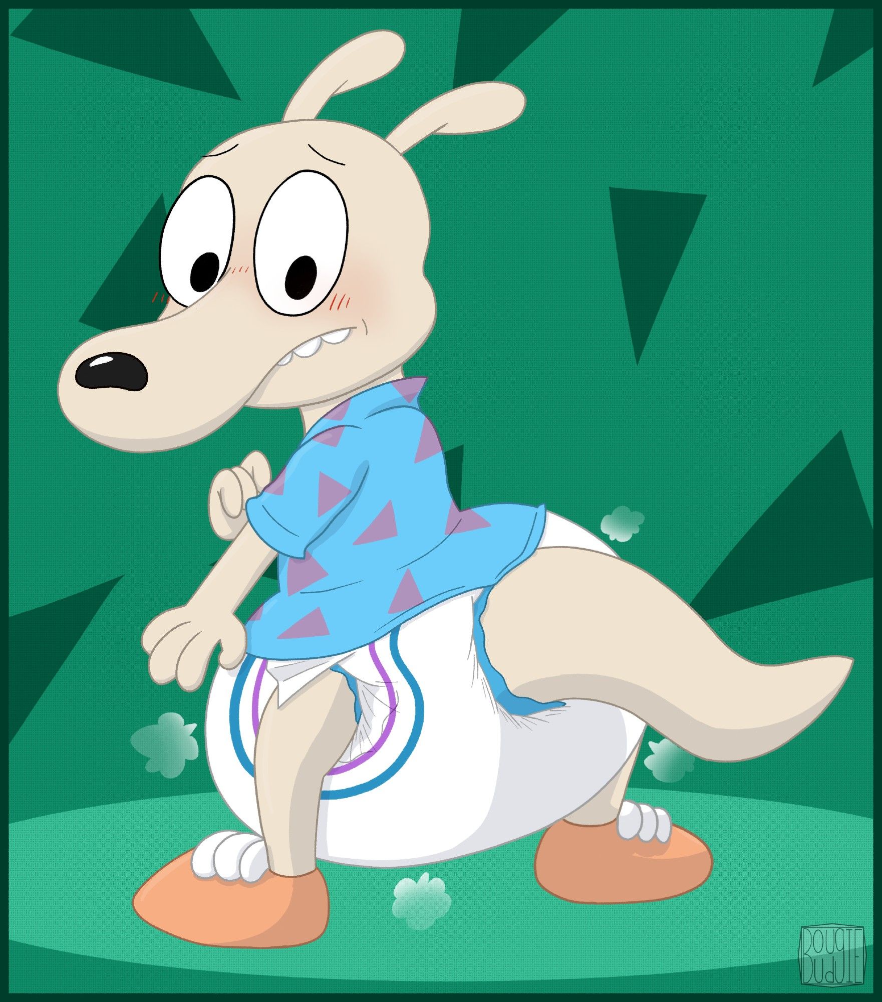 Rocko (from Rocko's Modern Life), wearing a poofy white diaper with purple and blue lining. He's standing away, as he looks over his shoulder at the diaper with a bit of embarrassed blush.