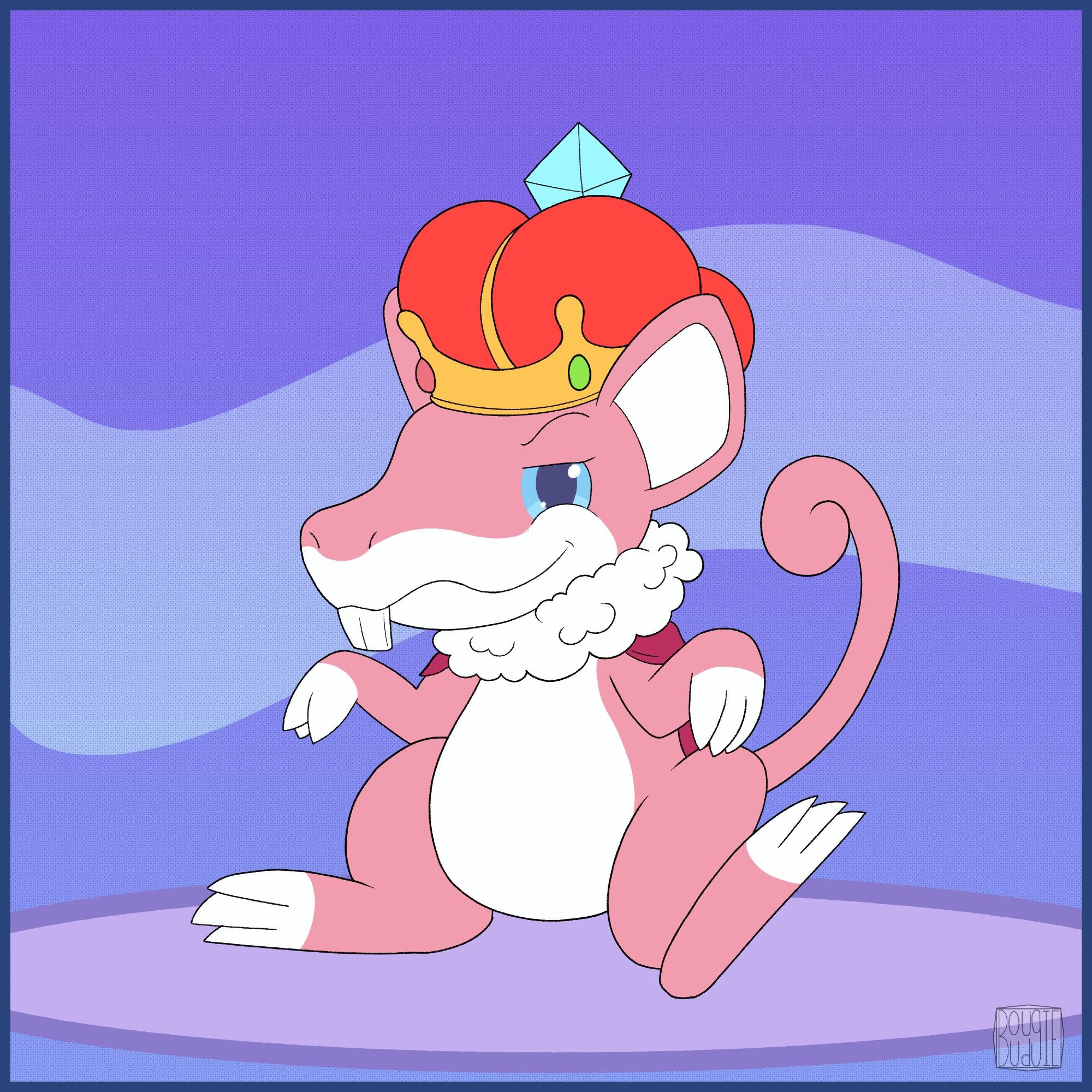 A pink rattata with white underbelly wearing a red crown with a light blue gem on top and a pink-velvet cape with a fluffy white collar.
He's sitting upwards on his hinny giving you a smug smile.