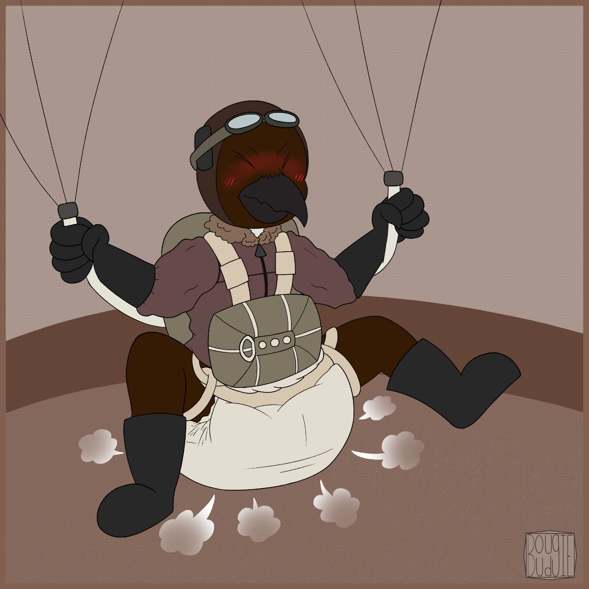 An anthro mole hawk dressed in old-school air force pilot uniform, (jacket, leather aviator cap, goggle, boots, gloves) except for a poofy diaper instead of pants. 
The hawk was parachuting, but he finally landed on his poofy butt. With a squeamish, blushy expression.