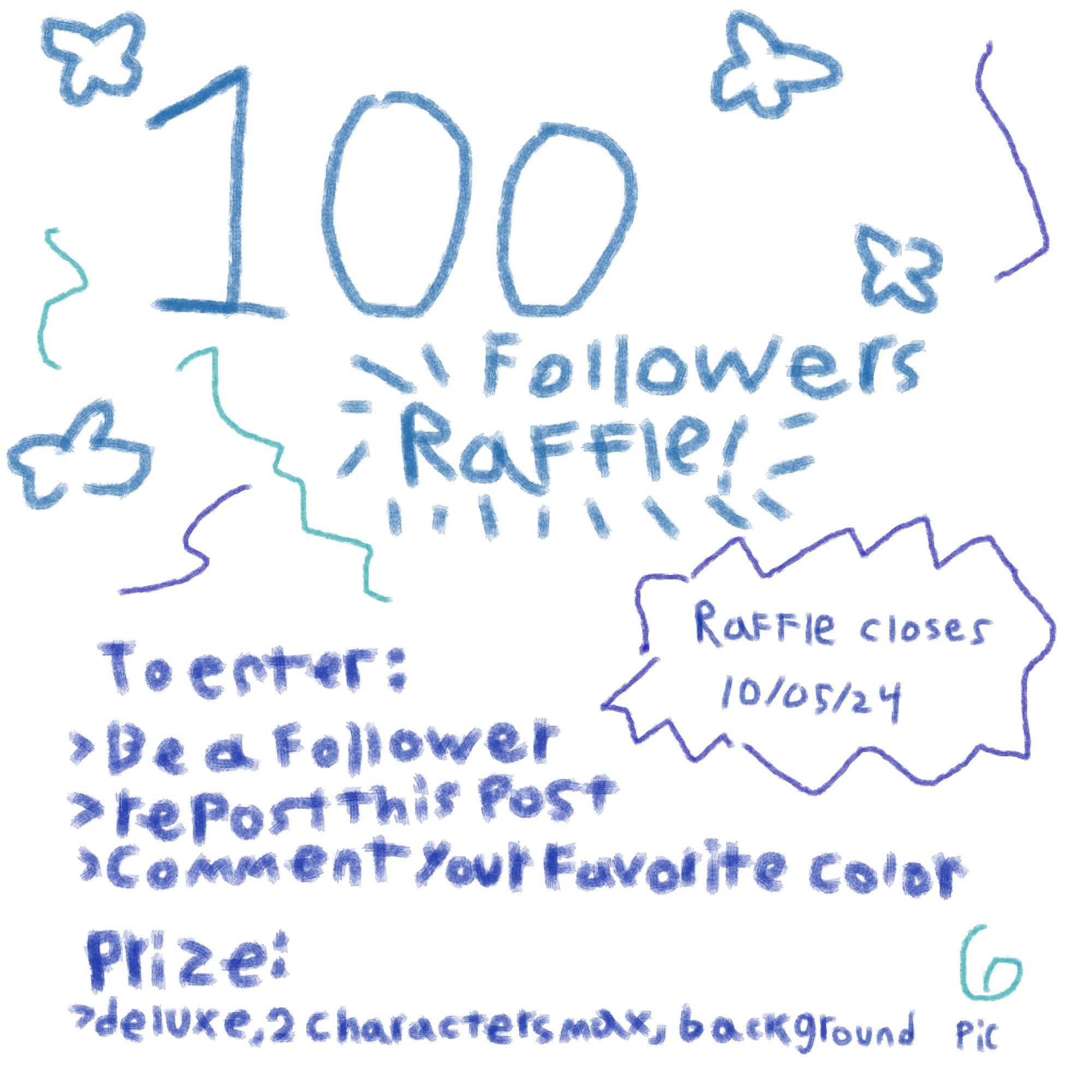 100 followers raffle!

To enter:
Be a follower
Repost this post
Comment your favorite color

Prize:
A Deluxe, 2 characters max, background pic done by me

Raffle closes: 
10/05/24