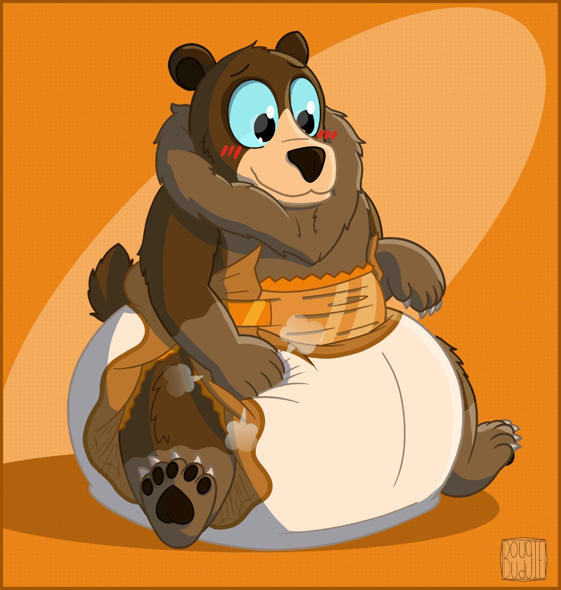 A brown bear with a fluffy collar and blue eyes, wearing a poofy off-white-orange diaper. He's sitting down on his butt, pressing his paw into the diaper's front, with a meek smile.