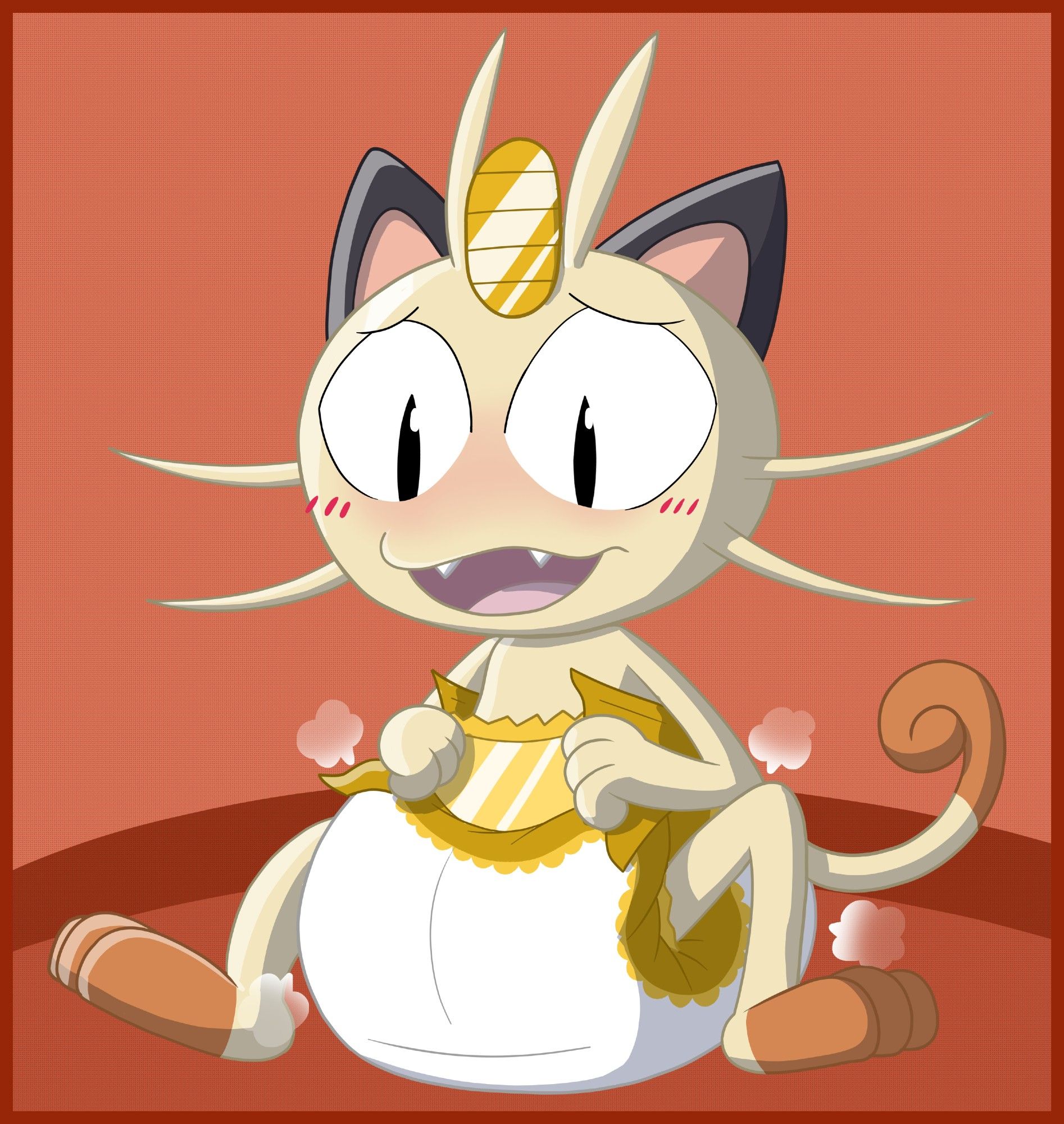 Meowth (from pokemon), is sitting down, flustered as he looks down at the diaper he's wearing. The diaper is white with yellow trim.