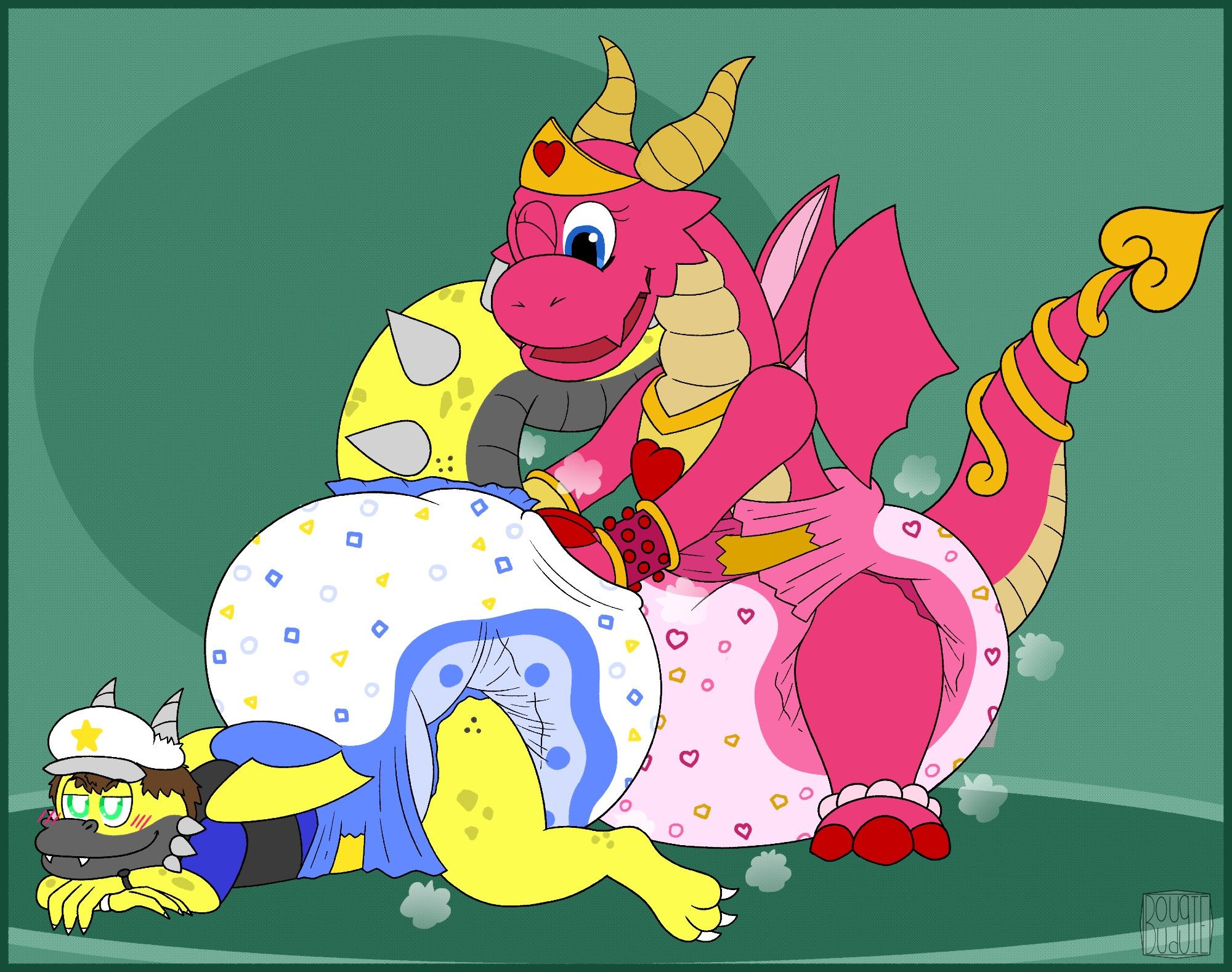 A pink girl dragon with a tan underbelly, wearing a golden crown, tail wrapping, chestpiece with a red gem heart on it, and a poofy pink diaper. And a yellow male dragon with a dark grey underbelly, wearing a white cap with a gold star on it, a dark grey vest, blue t-shirt, and a poofy white diaper with blue trimmings.

The pink dragon is giving the yellow dragon a butt massage. She's sitting in/on her diaper as she's in aw of the yellow dragon's poofy butt. The yellow dragon is laying on his belly, relaxed and blushing.