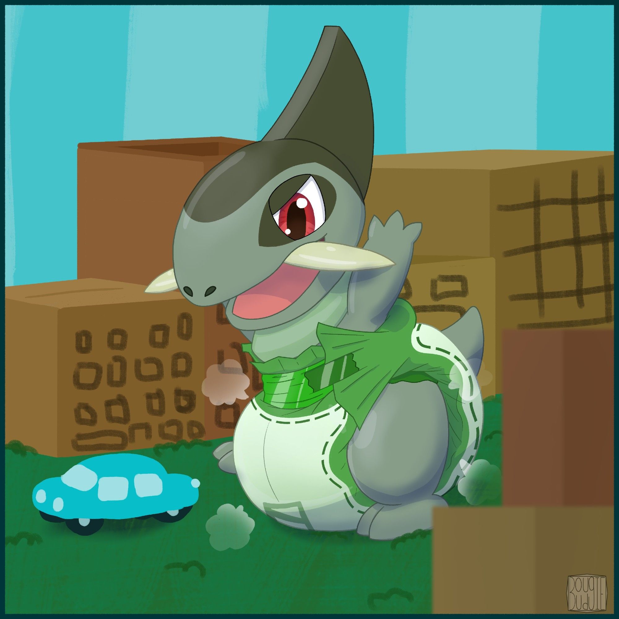 Axew is wearing poofy green diaper. He's trotting around a fake city made from cardboard boxes with windows scribbled on them. He's pretending to be a big and scary kaiju.