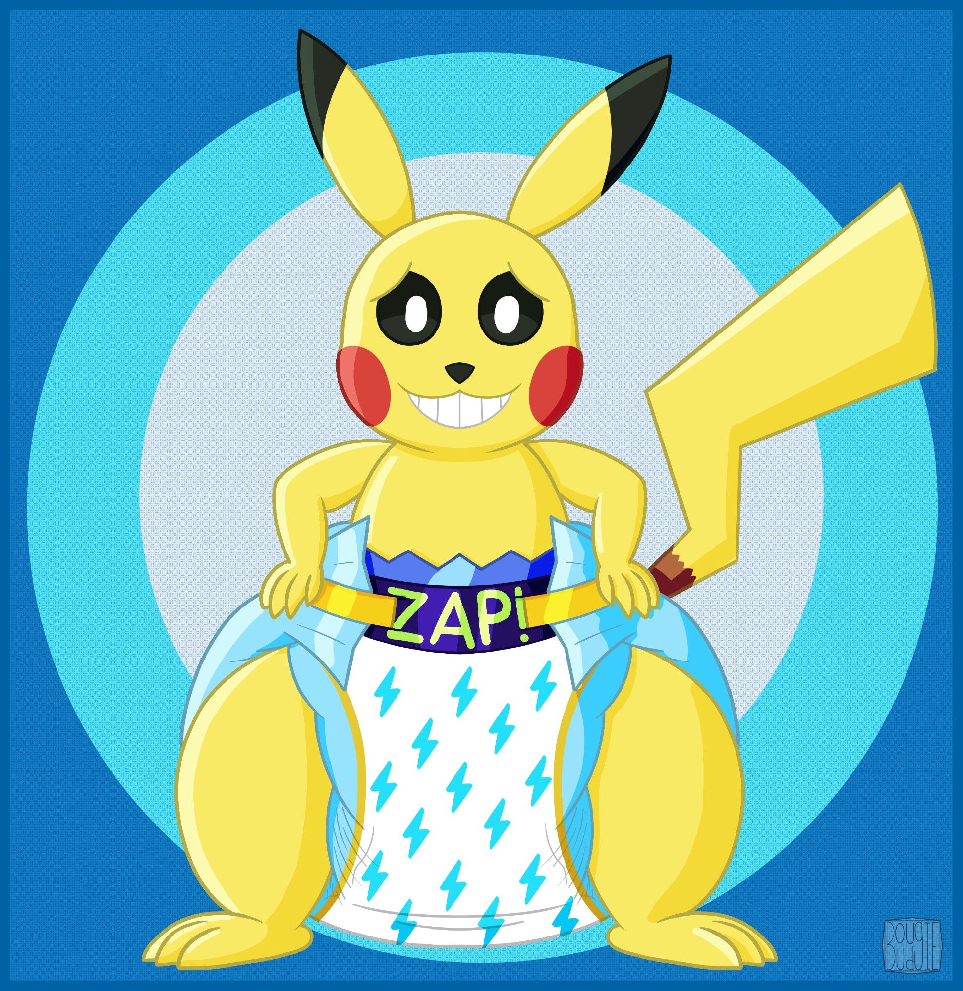 A Pikachu standing facing at us. He has a nervous smile. He's wearing a poofy white diaper with light blue trimming and lighting bolts printed on it and the word "ZAP!" printed on the landing strip.