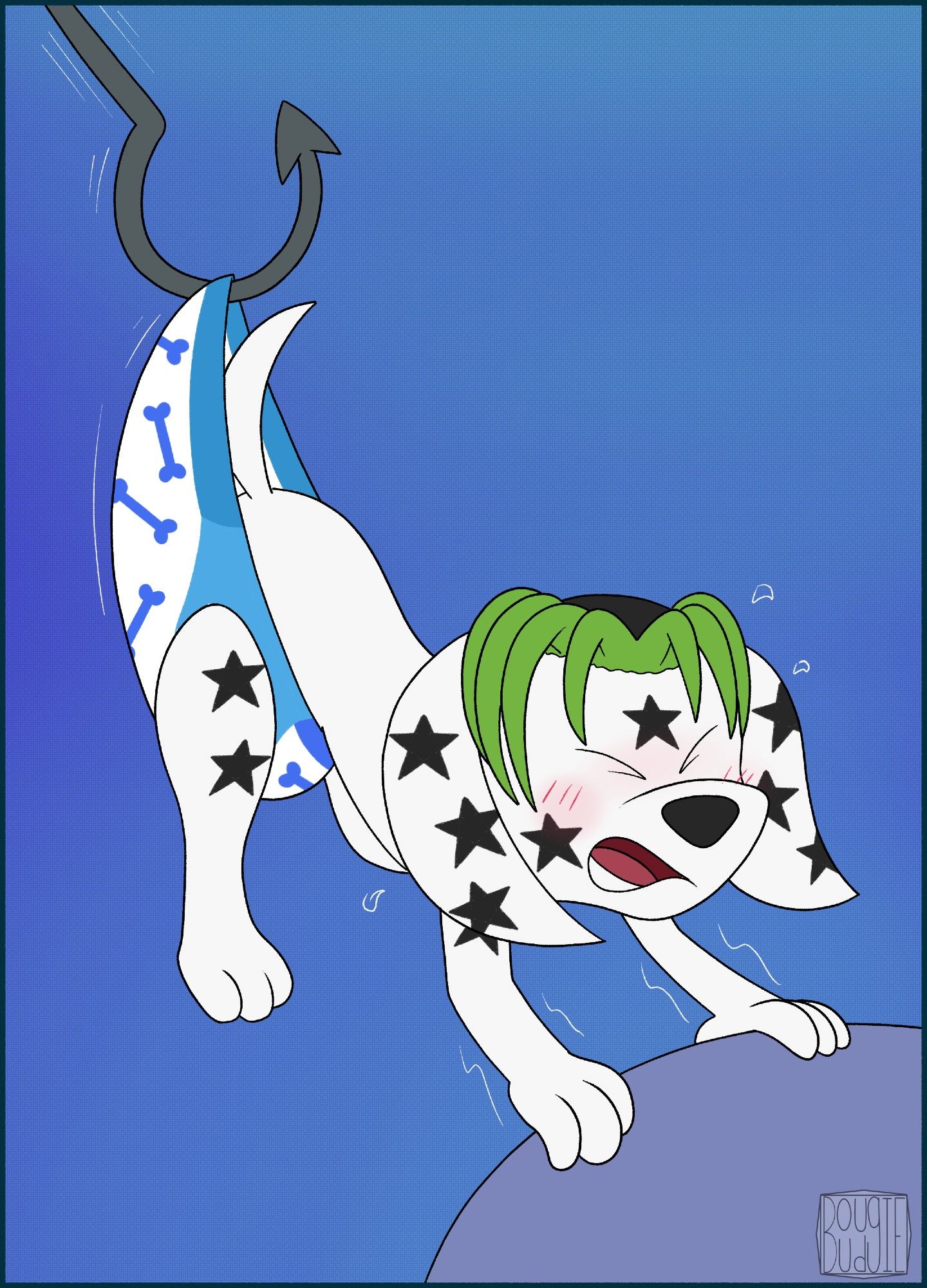 A Dalmatian with green hair and stars for spots wearing a pair of pull ups with blue bones printed on it. A hook is latched on to the pullups. The hook is lifting up the the dog by the pull ups giving him quite the wedgie. The Dalmatian has a look of panic as he holding on to the ground for dear life.