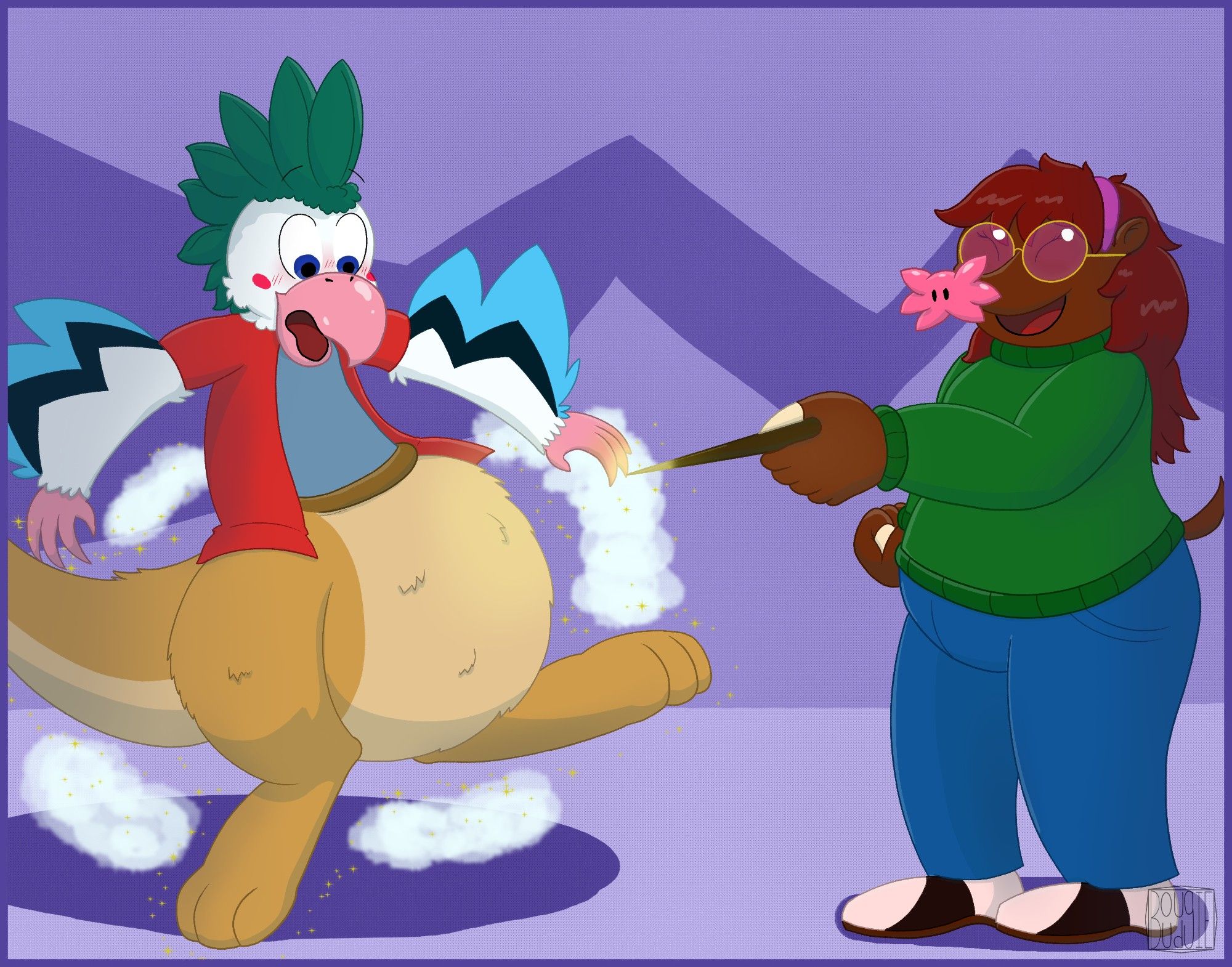 Molly (an anthro chubby female star-nosed mole wearing round pink-tinted glasses, a green sweater and blue jeans) gleefully waves her magic wand at Bougie (an anthro male budgie, waring a red over-shirt and dull blue undershirt). In a puff of sparkling smoke, Bougie's legs are now that of a kangaroo (pouch and tail included). The fur is light-tan, with a lighter tan underbelly.
Bougie gaps in shocked as he's taken aback by his new legs.