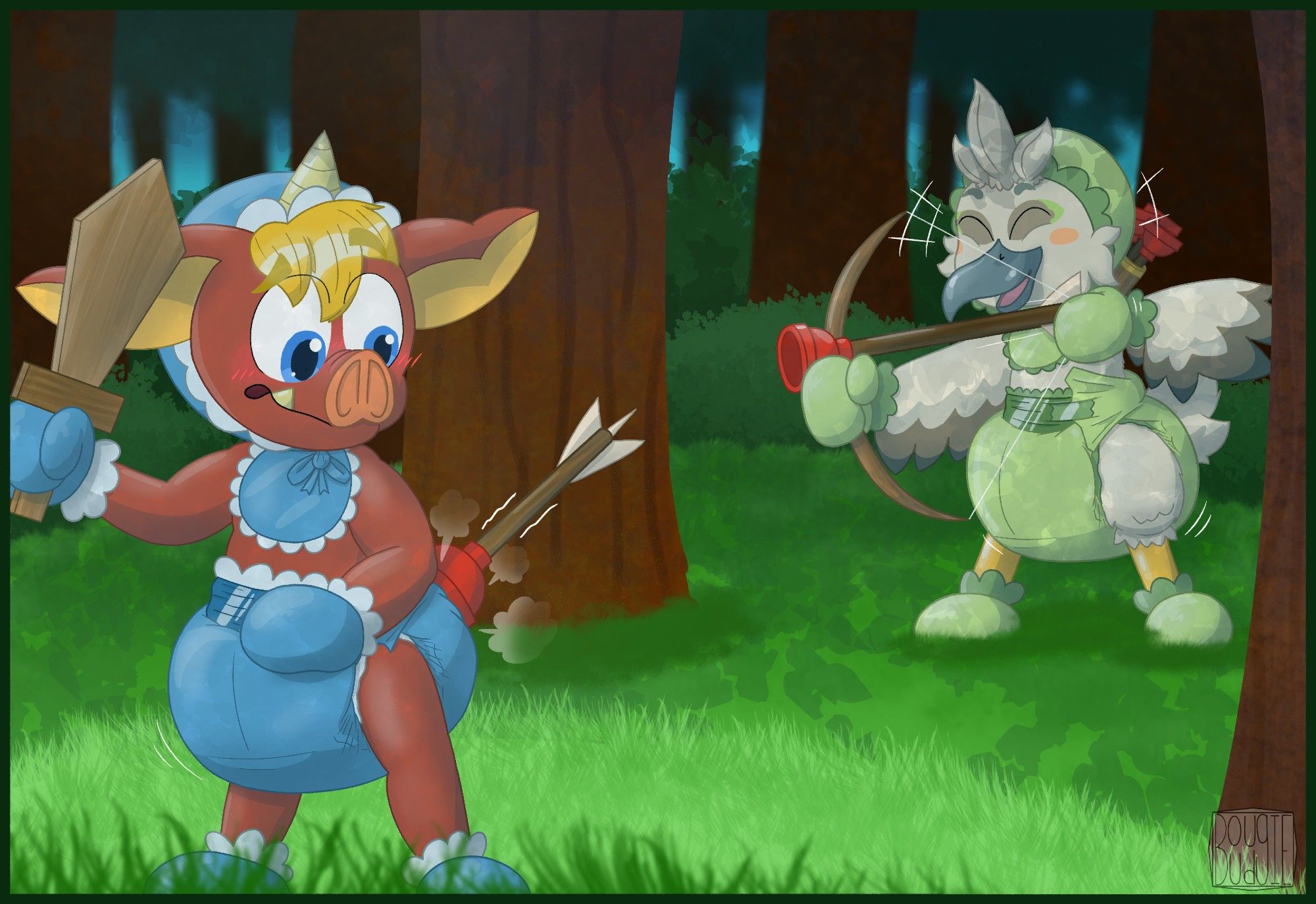 Link, as a bokoblin, and Tulin are playing in a forest.
They both are wearing a frilly baby bonnet, bib, mittens and booties and poofy diapers. Link's  clothes are a sky blue with white frills and Tulin's are a light green with green frills.

Link is holding a toy wood sword looking down and behind him, at the back of his diaper. There's an arrow with a plunger for an arrowhead stuck on the back of this diaper. Link's rather embarrassed and a bit startled by this.

Tulin, is standing away, chuckling to himself. He's got a bow drawn with an arrow with a plunger for an arrowhead.