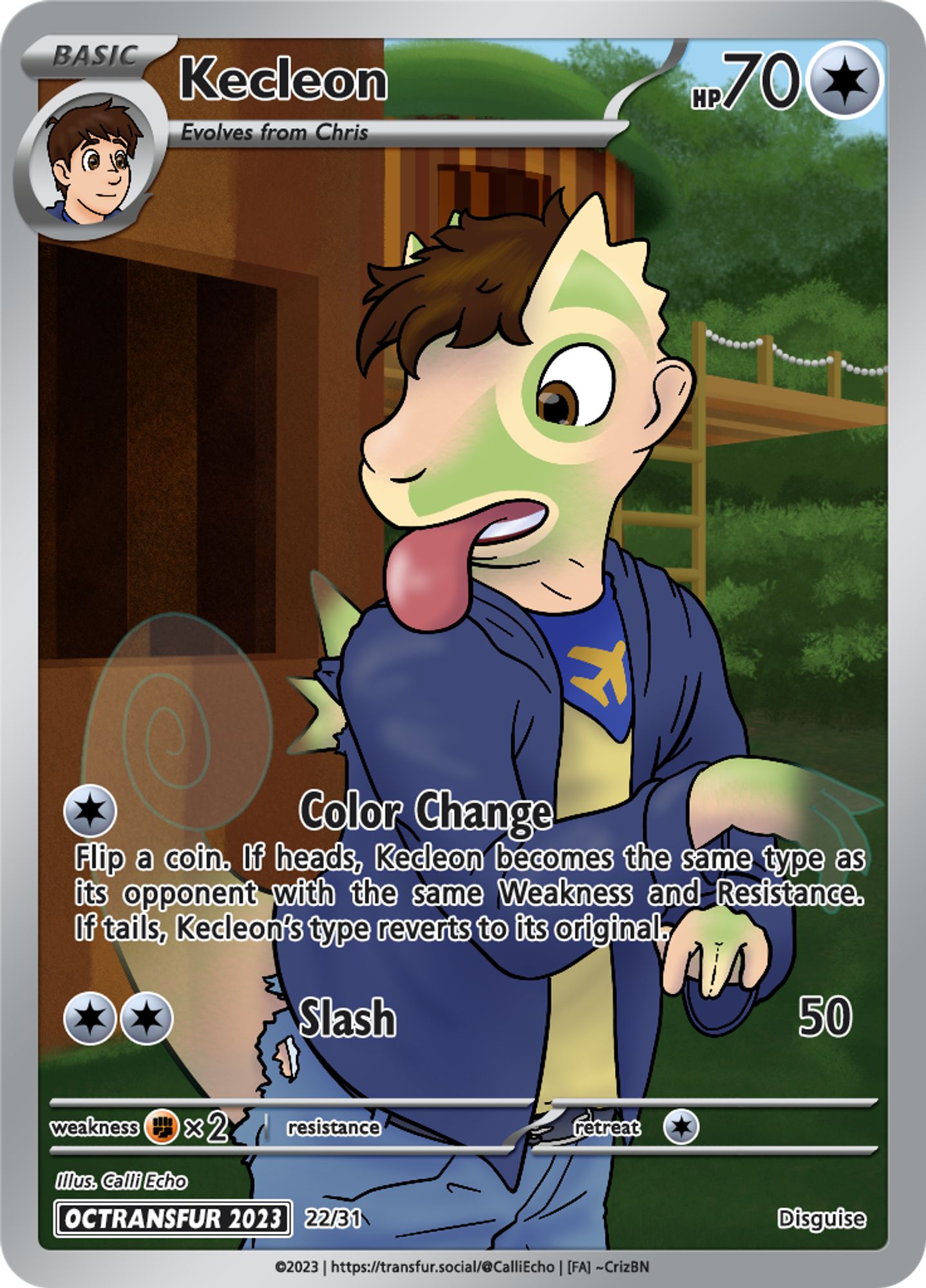 A custom Pokémon Trading Card Game card. Chris is standing in front of the Fortree City Pokémon Gym. He's transforming into a Kecleon, and parts of his body are turning transparent to help him blend in!