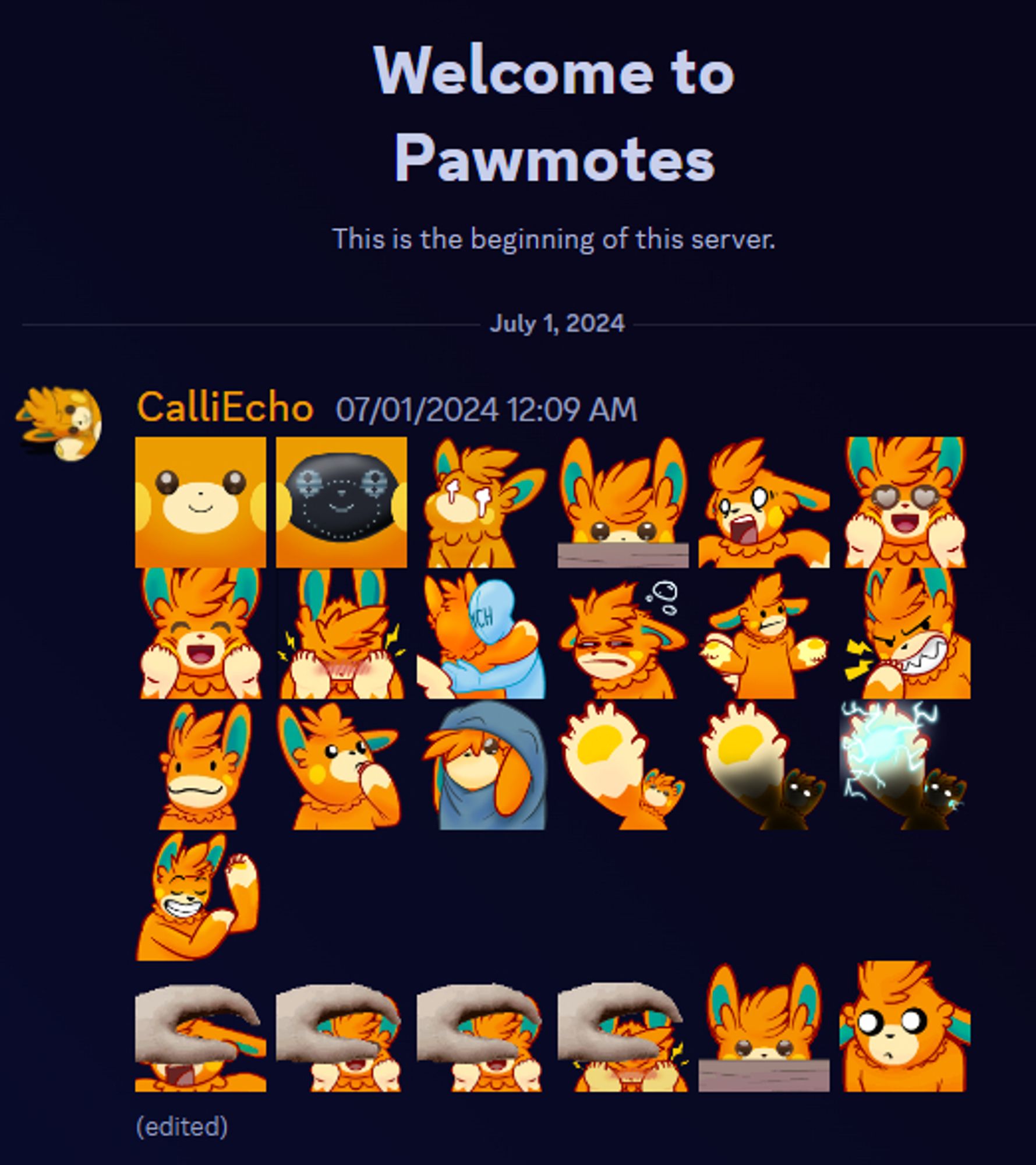 Screenshot showing 25 Pawmot emotes on Discord.