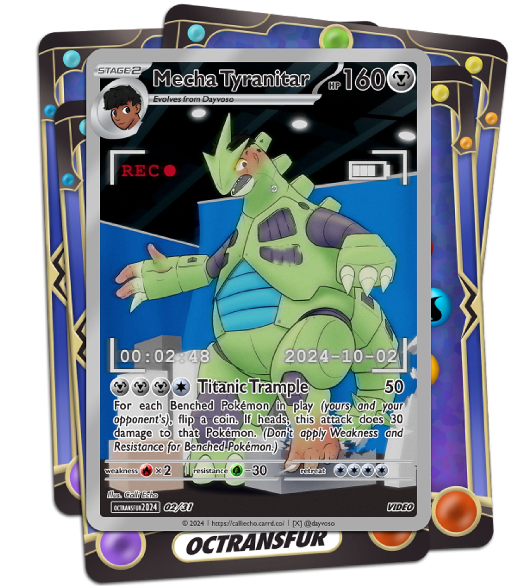 A custom Pokémon Trading Card Game card. While filming a kaiju movie for Pokéstar Studios, Dayvoso finds himself transforming into Mecha Tyranitar!