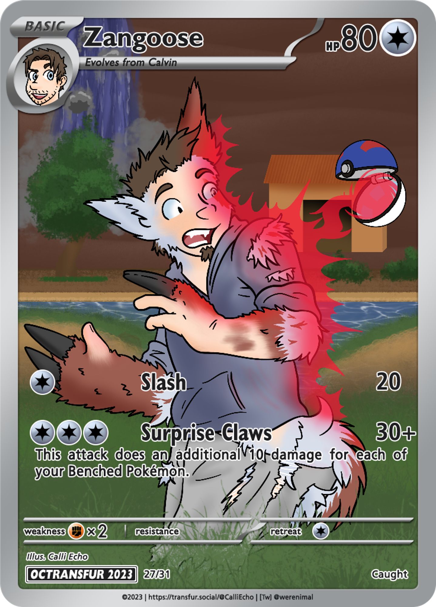 A custom Pokémon Trading Card Game card. Calvin has just been hit by a stray Pokéball, causing him to transform into a Zangoose!