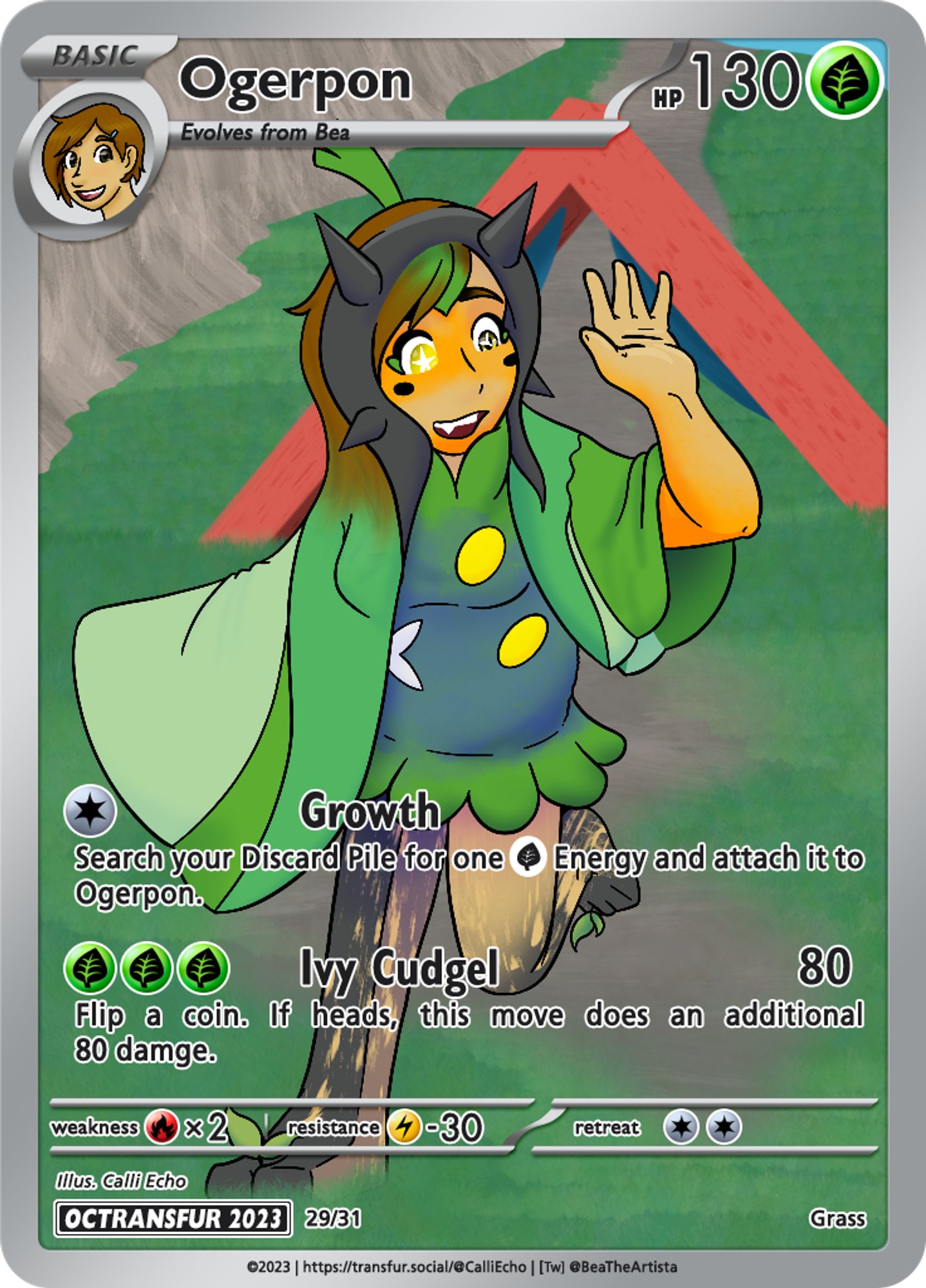 A custom Pokémon Trading Card Game card. After passing under an ancient archway in Kitakami, Bea is delighted to find herself transforming into an Ogerpon!