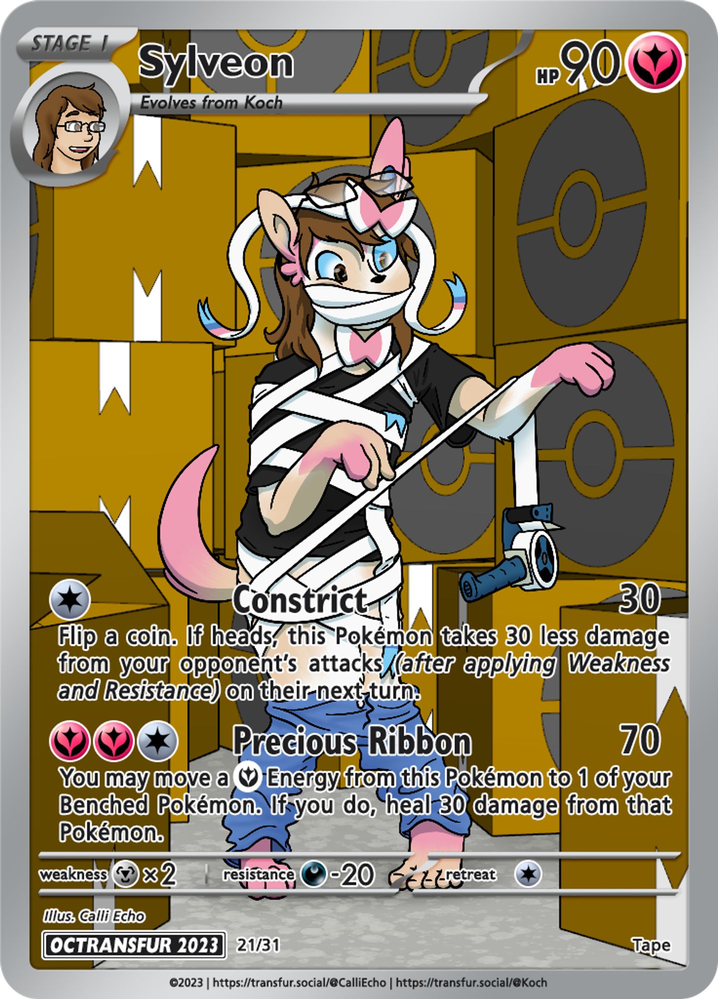 A custom Pokémon Trading Card Game card. Koch has managed to wrap themselves up in tape, the ribbons causing a Sylveon transformation!