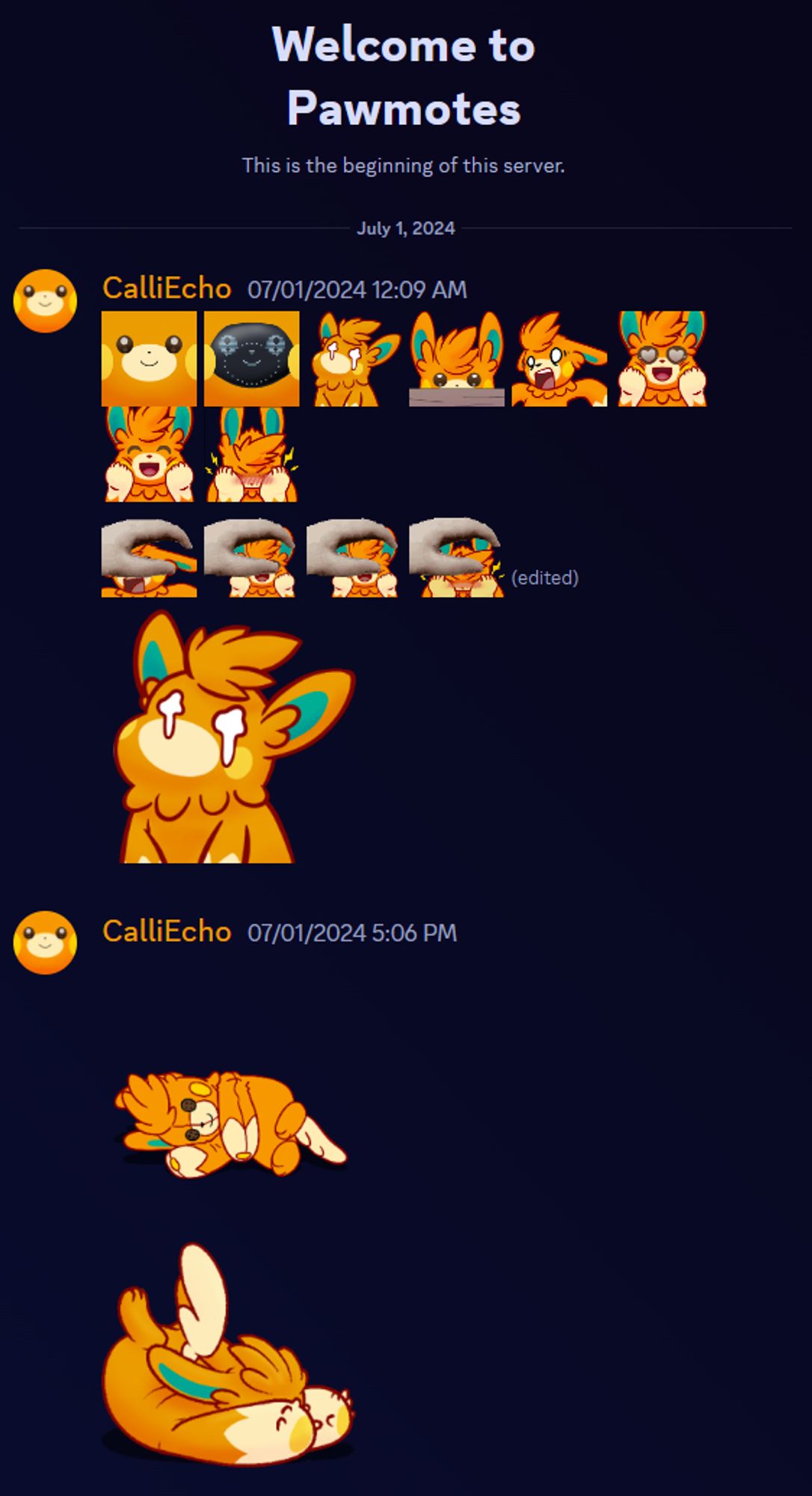 Screenshot of a Discord channel, showing several Pawmot emotes