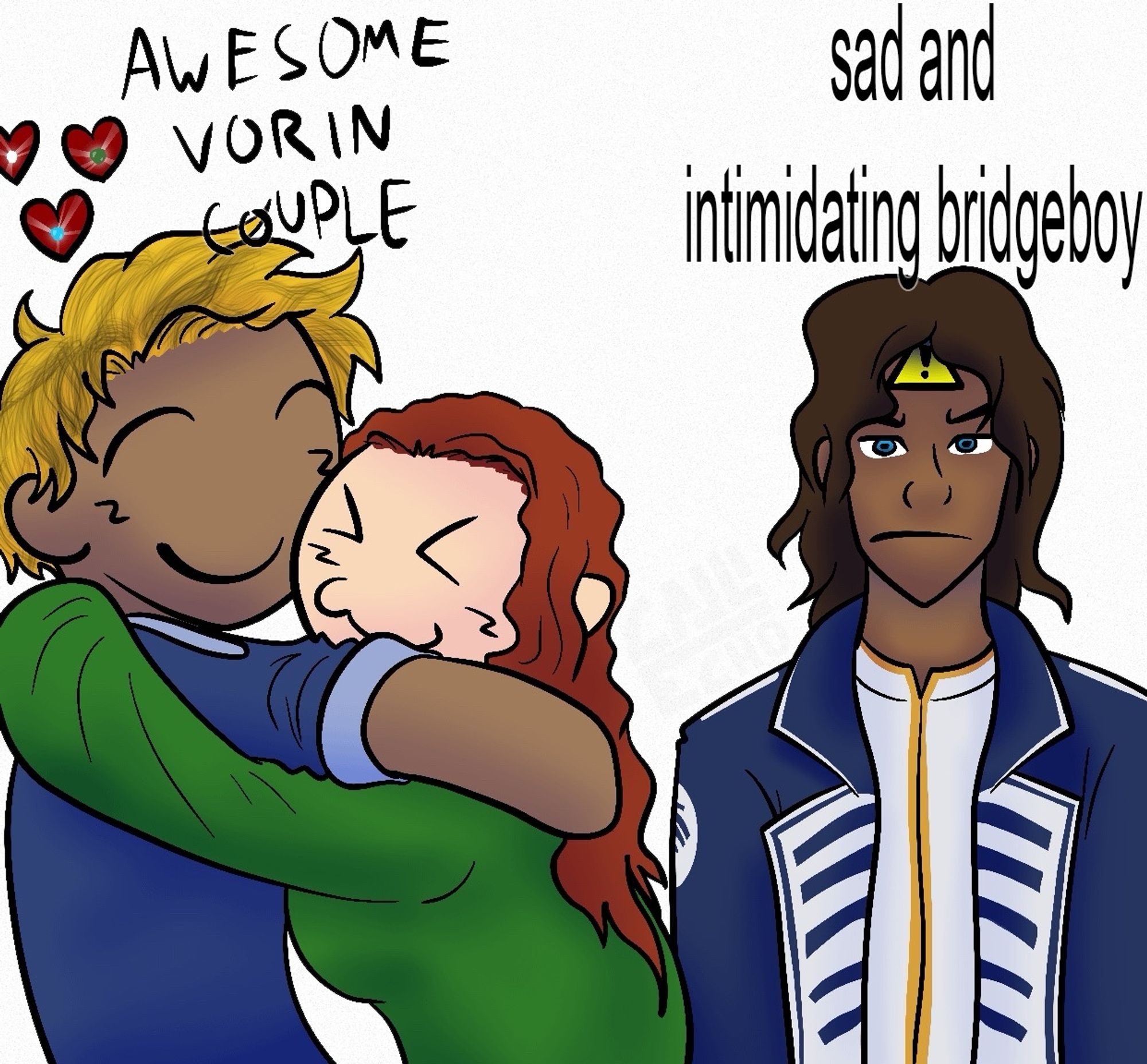 Redraw of a meme. Adolin Kholin and Shallan Davar hug under the text "Awesome Vorin Couple". Kaladin Stormblessed stands nearby under the text "sad and intimidating bridgeboy".