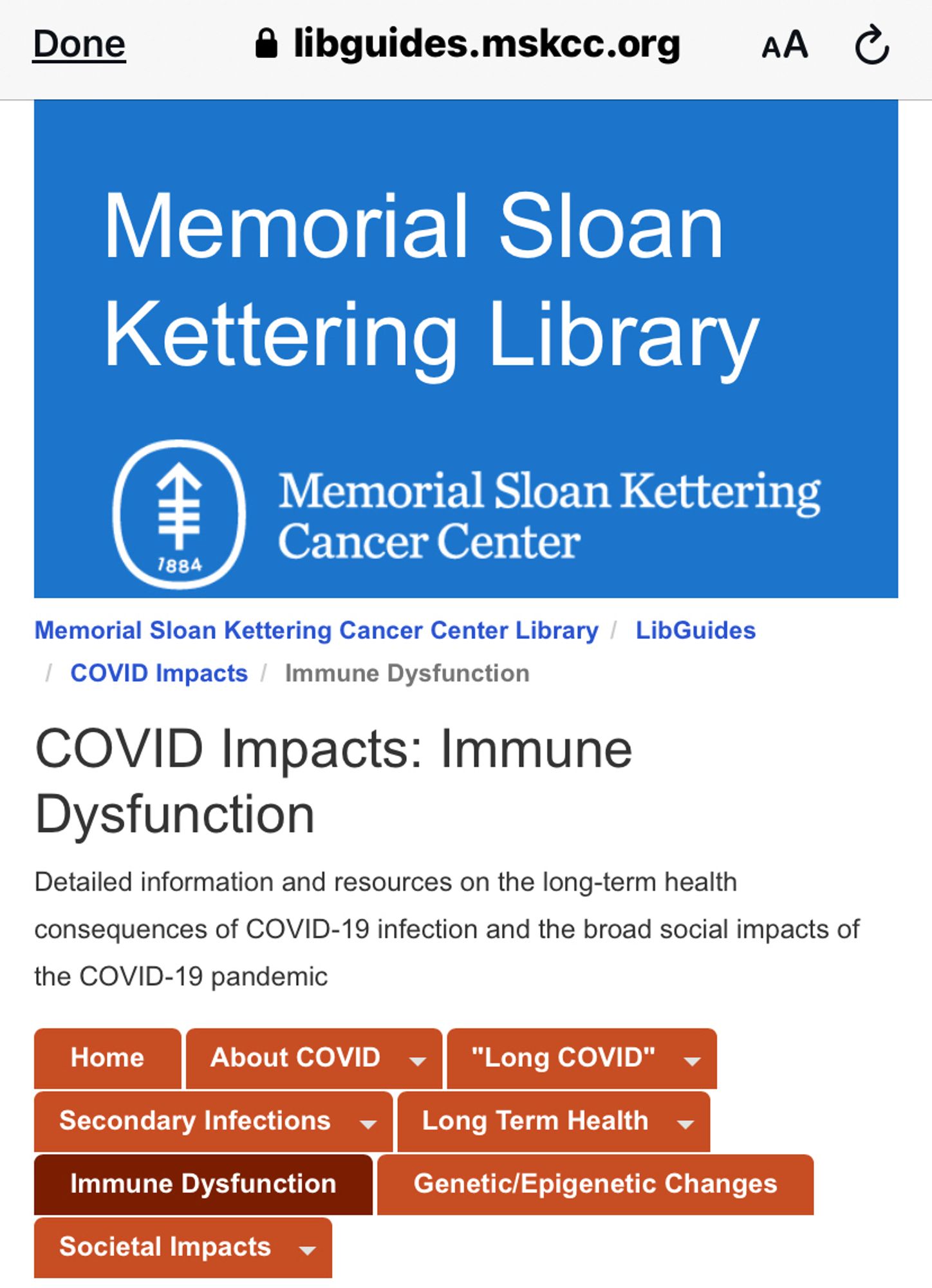 Memorial Sloan Kettering Cancer Center Library guide on Covid Impacts: immune dysfunction