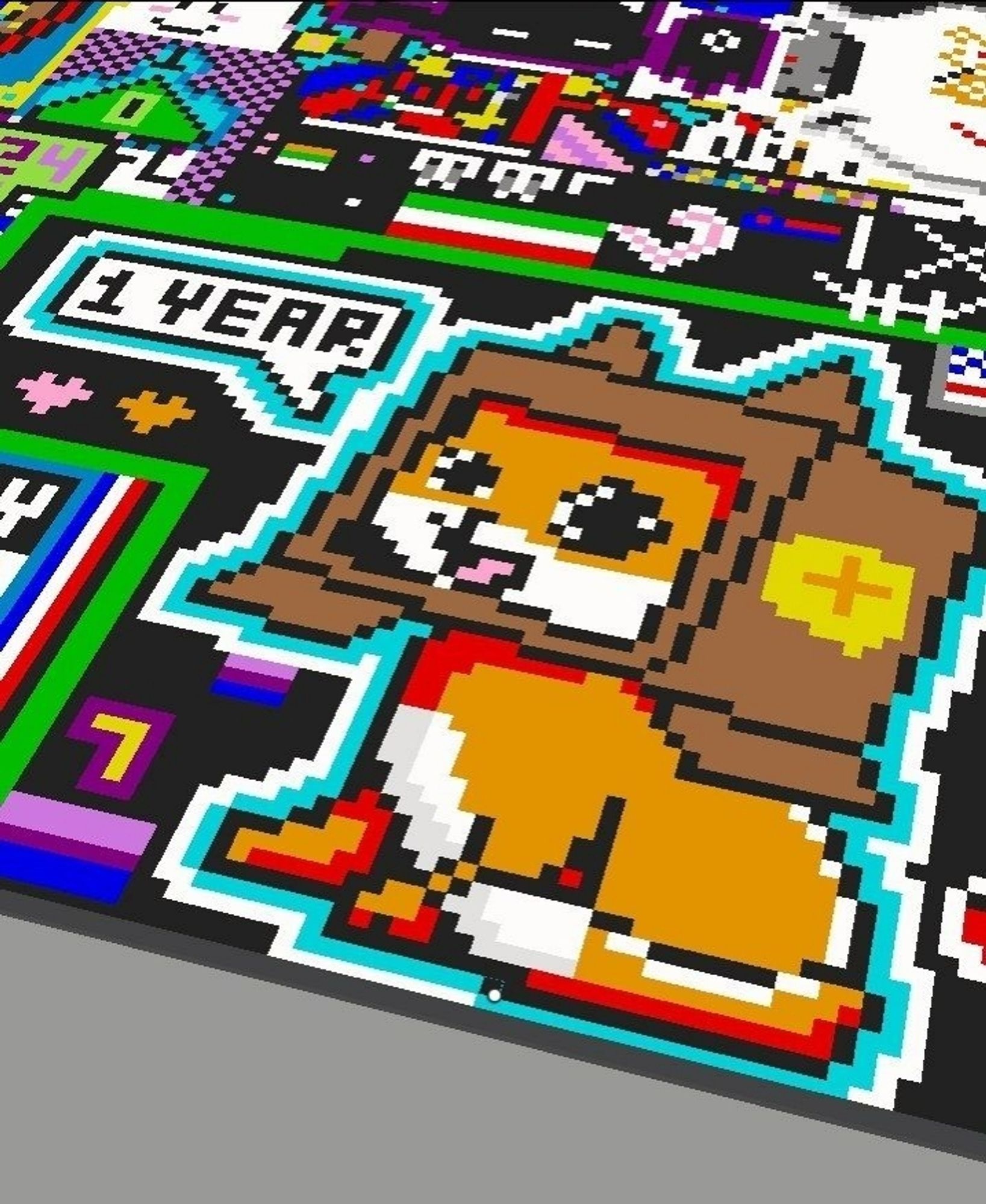 A pixel rendition of VRCat on a public canvas. A text box saying "1 Year".