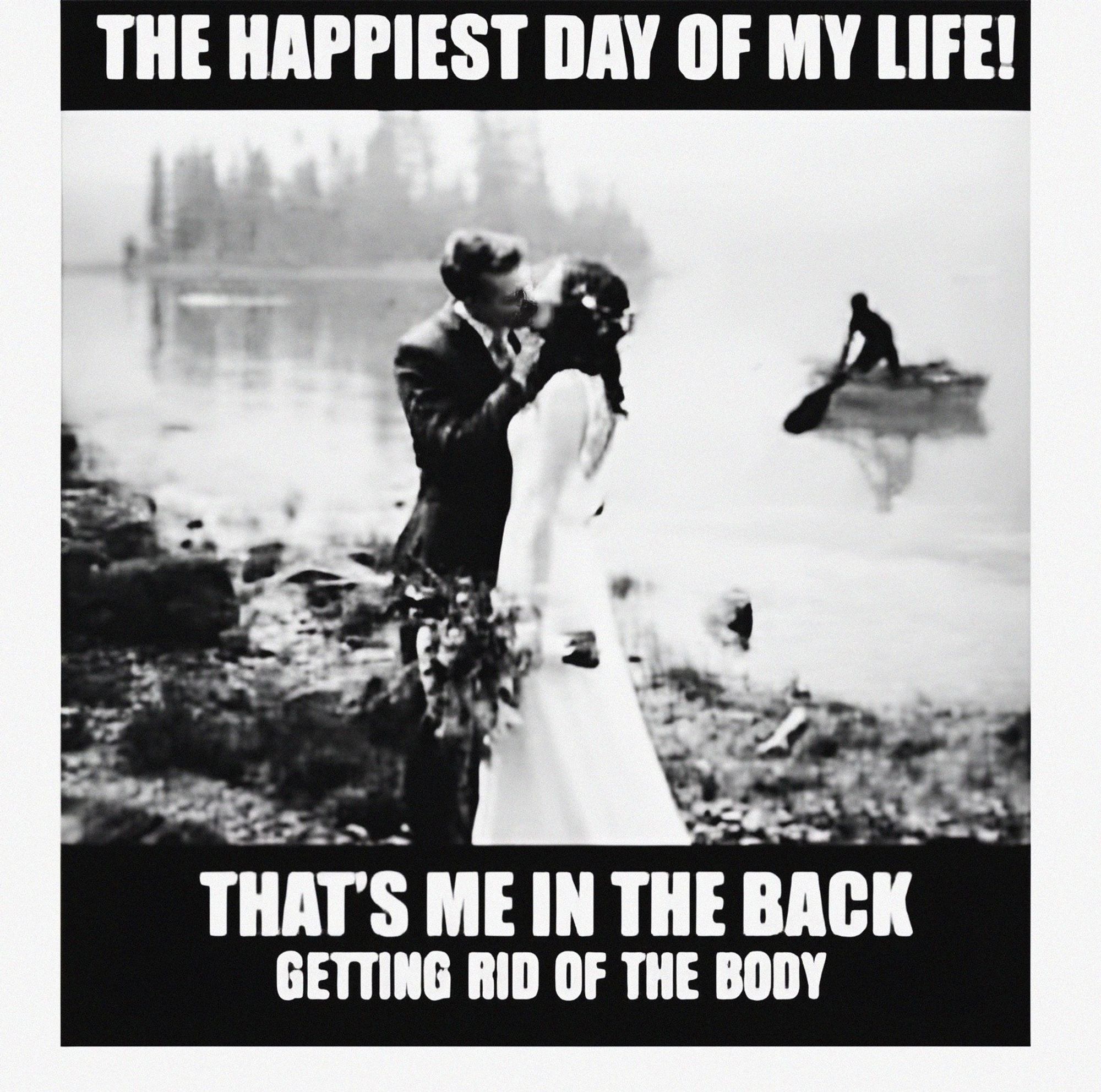 A beautiful photo of a bride & groom kissing by the lake. In the back there's a boat with someone slowly letting a bag sink in the water

"THE HAPPIEST DAY OF MY LIFE!
THAT'S ME IN THE BACK
GETTING RID OF THE BODY"