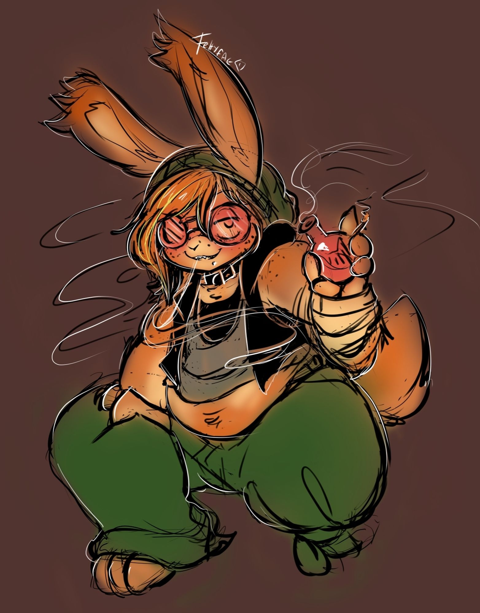 A ginger rabbit with fluffy tall ears, a missing leg and a big tail, wearing pink glasses, a black hoodie and shirt with a binder underneath, and green pants, with the pants leg that is empty tied up. He is also holding a small bubbler bong