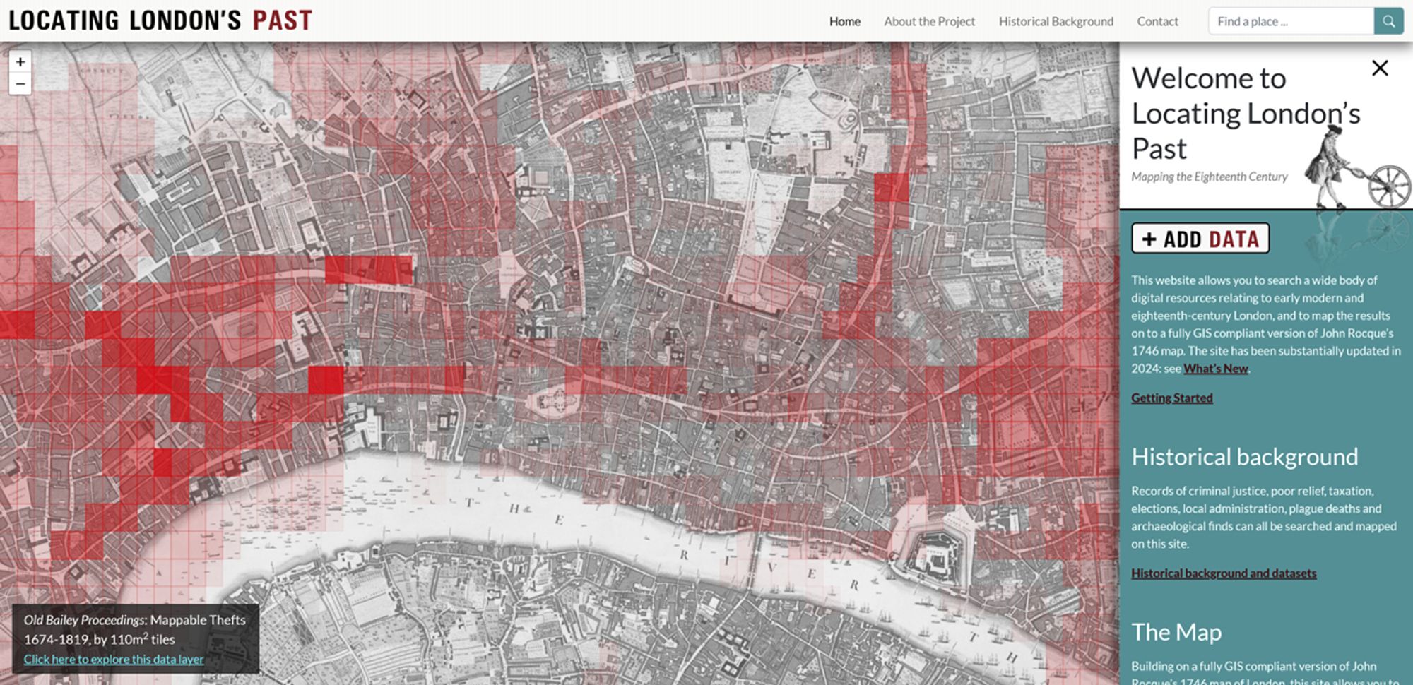 The home page of the Locating London's Past website, including a map illustrating thefts 1674-1819, and a panel on the right with information about the site and links.