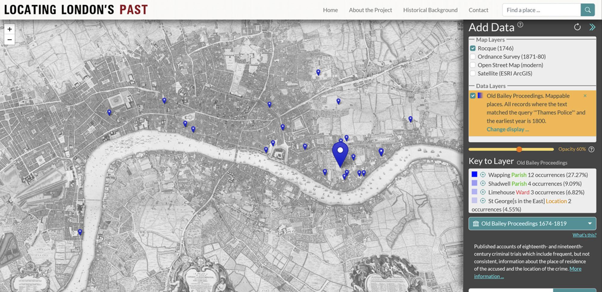 Rocque's 1746 map of London, with around 20 markers, with a particularly large marker in blue over the East End