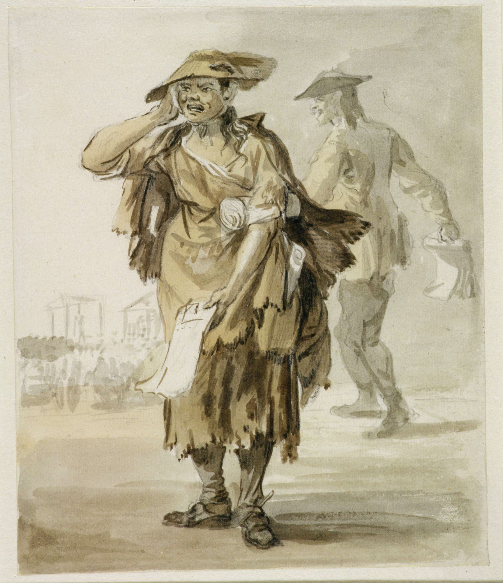 A woman in rags, her right hand against her ear, and a sheef of papers in her right hand, sings out. Behind is a gallows, and a figure of a man with a handful of pages.