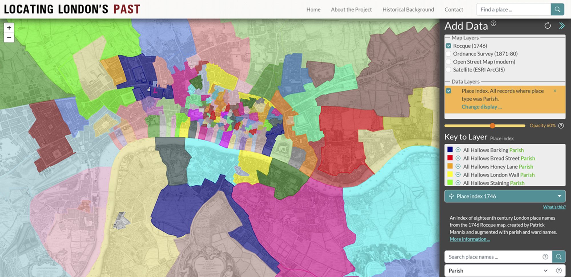 Parish boundaries mapped on to John Rocque's 1746 map of London