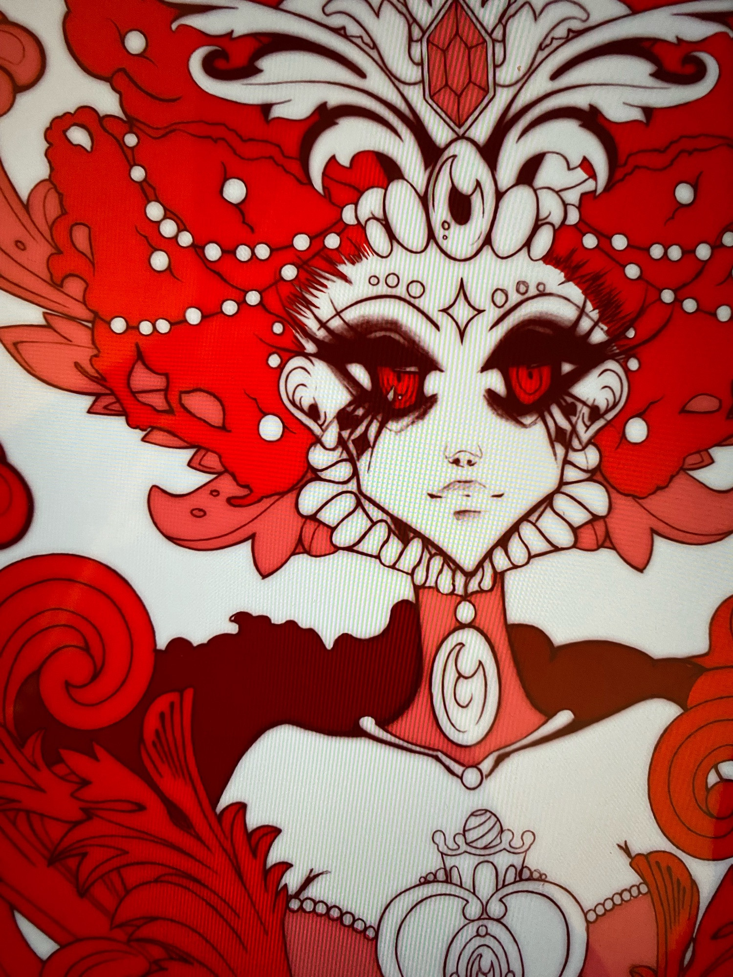 A work in process by Miss Geisterhausen. The Character has red hair and is decorated with pearls and gemstones! She is surrounded by red ornaments.